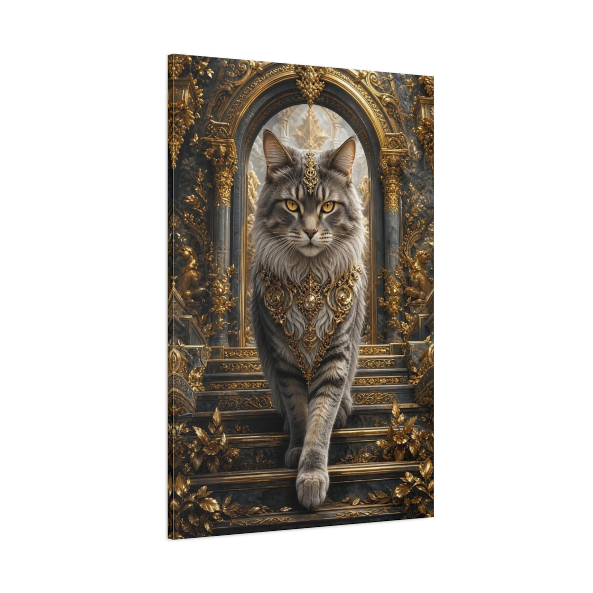 Side Mockup 1. Animals Majestic Cat Gray And Gold shown as stretched canvas wall art