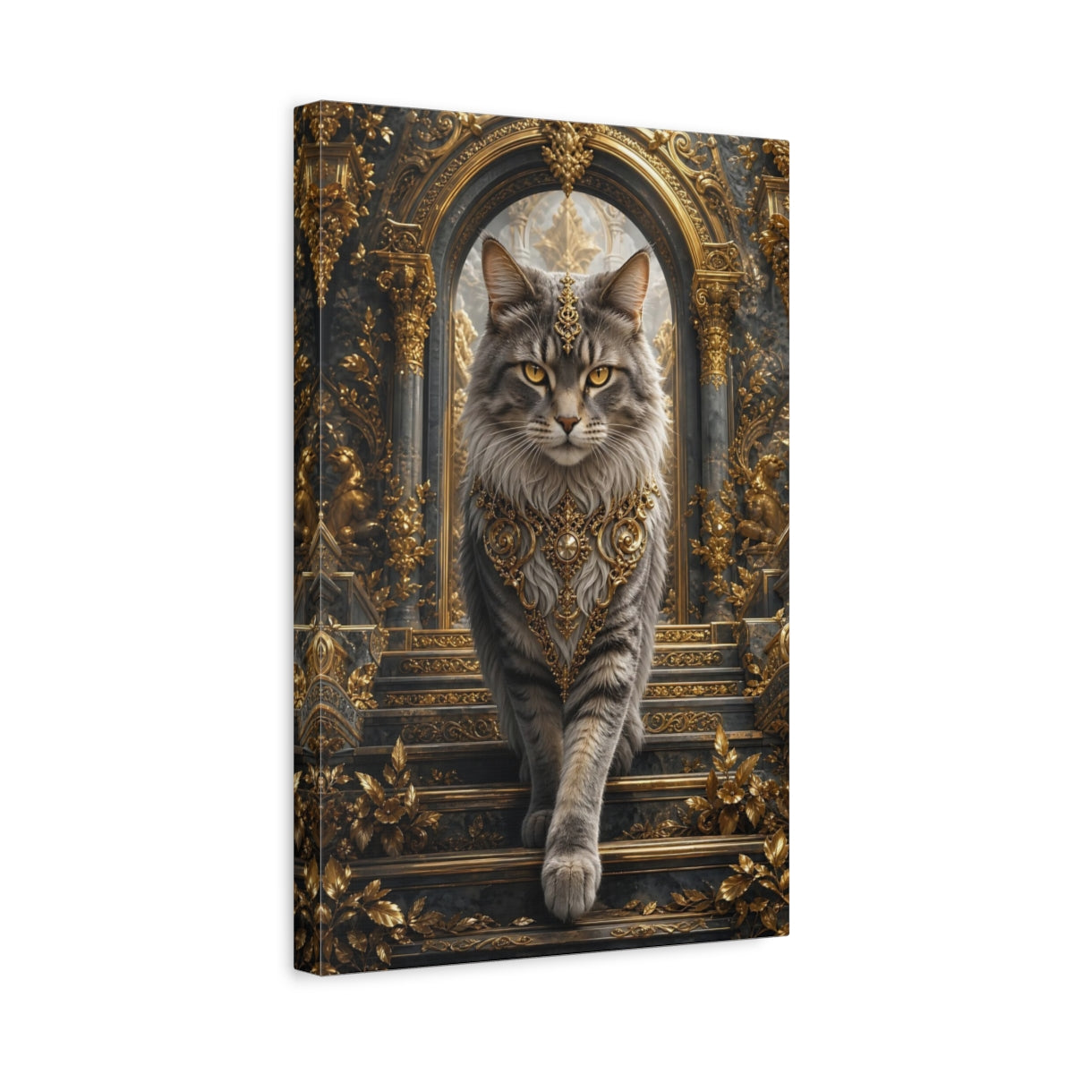 Side Mockup 4. Animals Majestic Cat Gray And Gold shown as stretched canvas wall art
