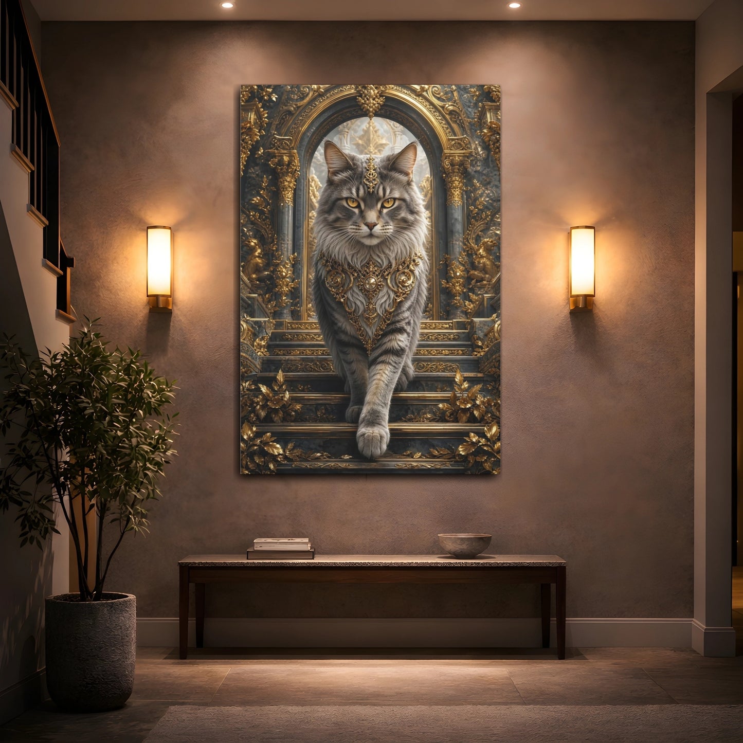 Mockup 2. Animals Majestic Cat Gray And Gold shown as stretched canvas wall art