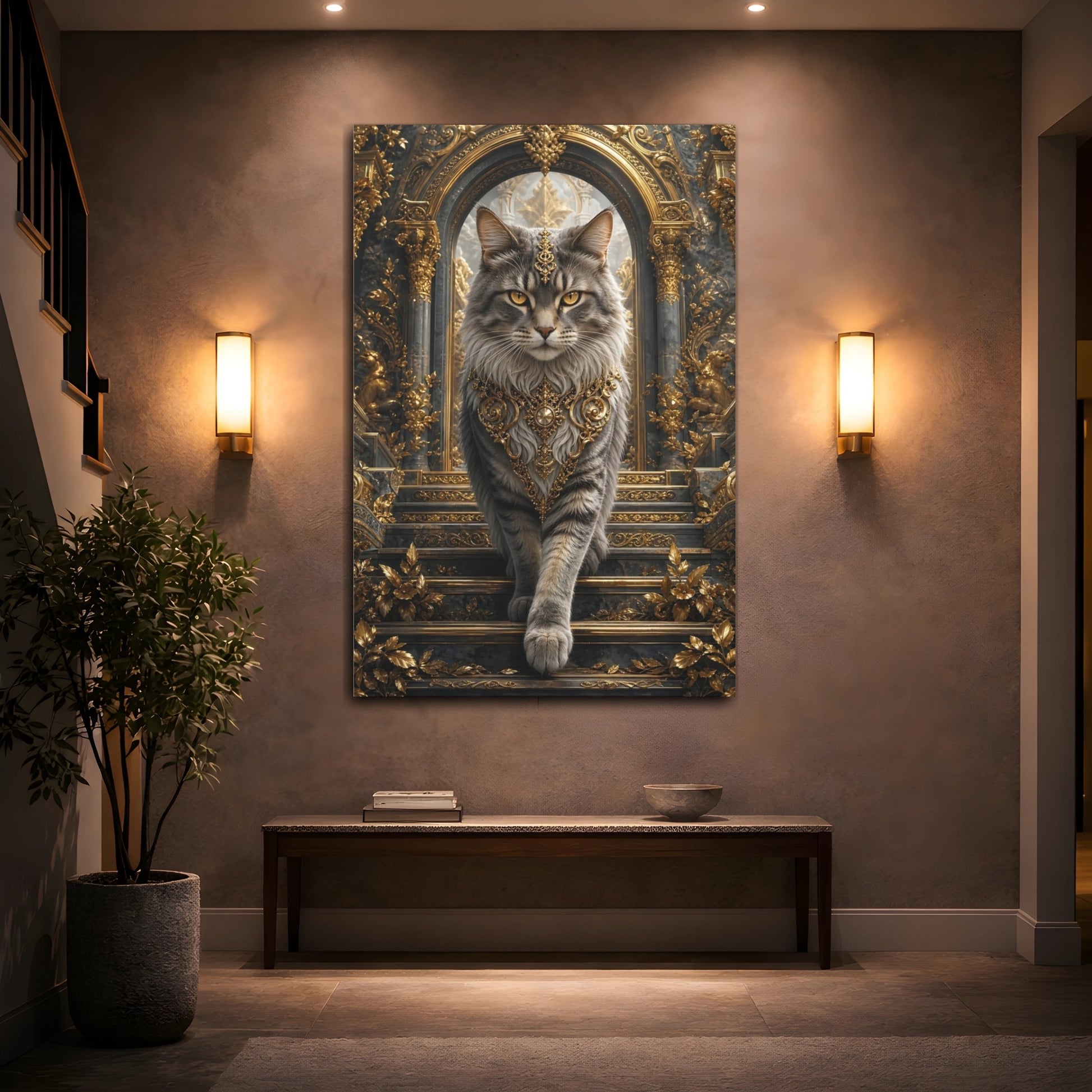 Mockup 2. Animals Majestic Cat Gray And Gold shown as stretched canvas wall art