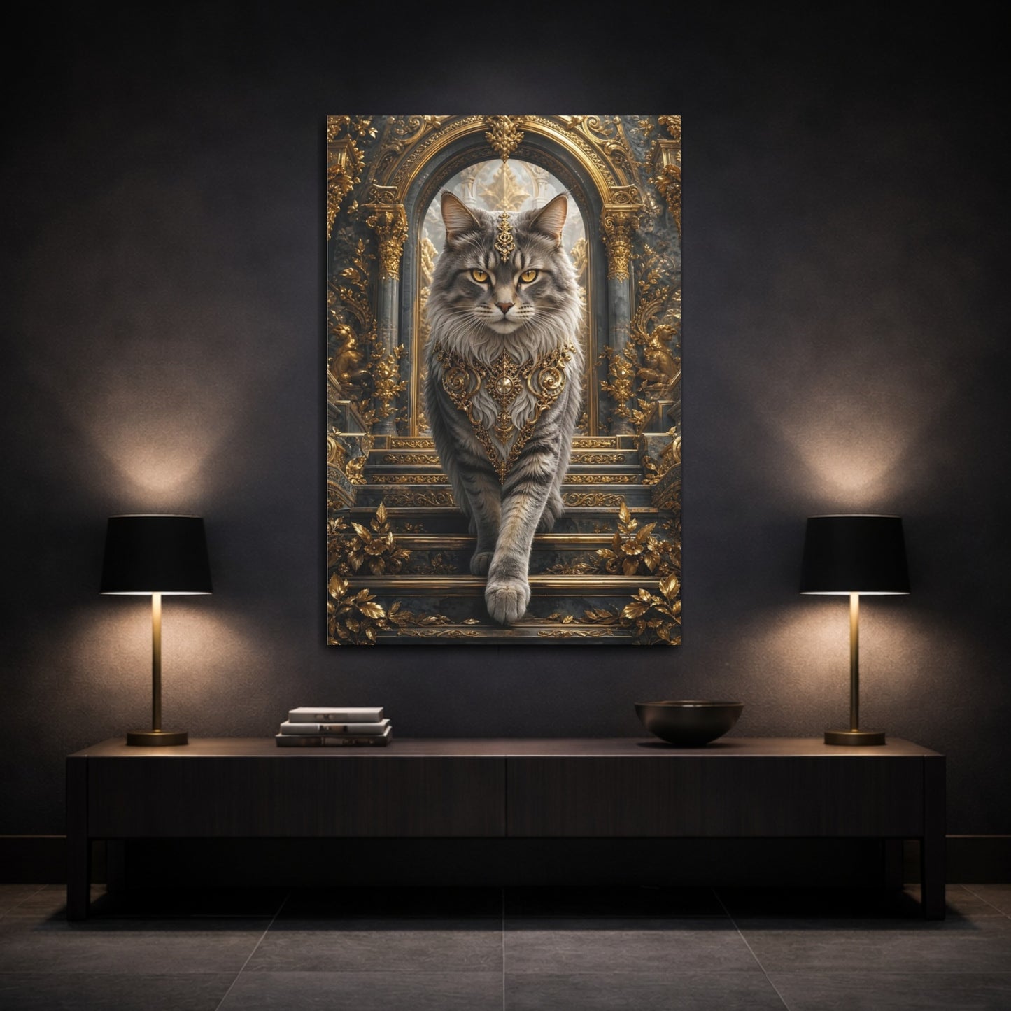 Mockup 3. Animals Majestic Cat Gray And Gold shown as stretched canvas wall art