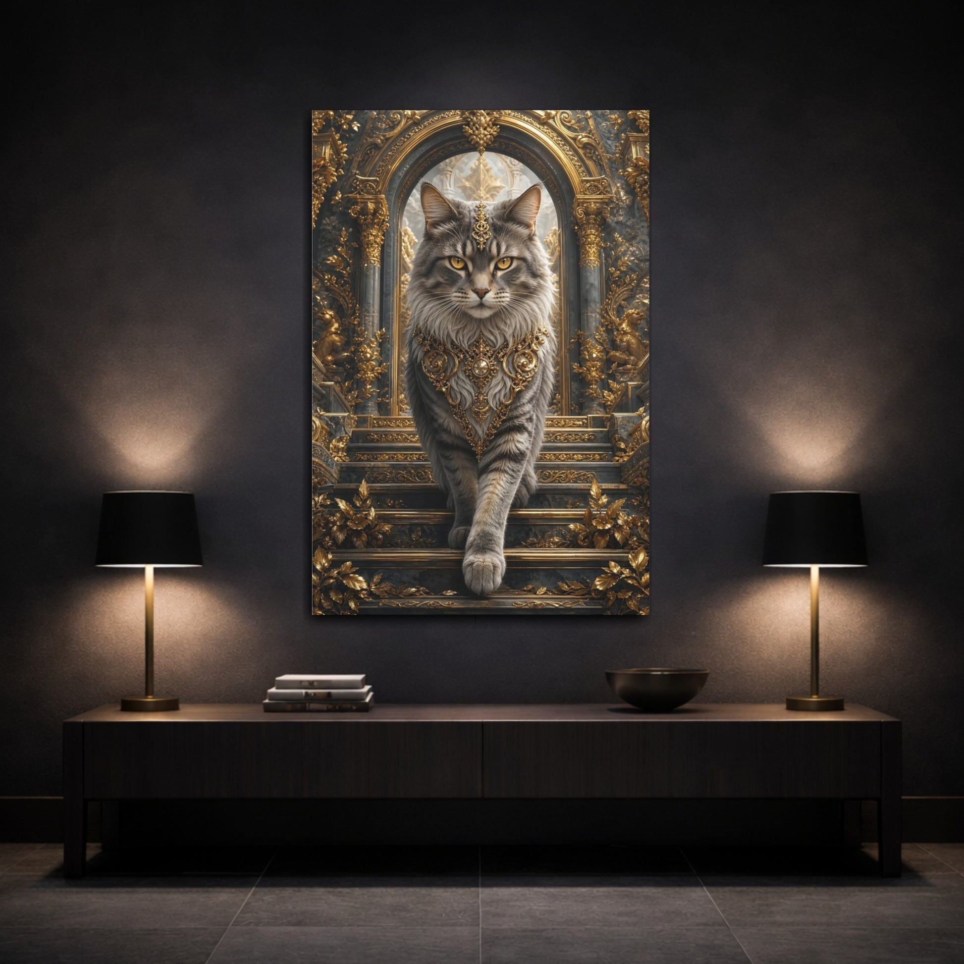 Mockup 3. Animals Majestic Cat Gray And Gold shown as stretched canvas wall art