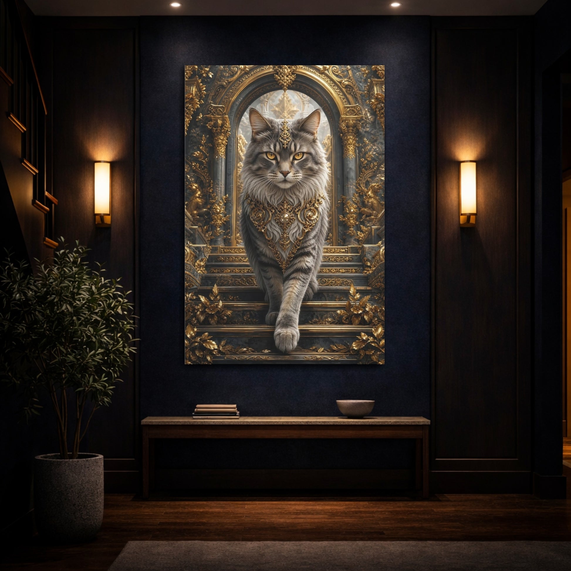 Mockup 4. Animals Majestic Cat Gray And Gold shown as stretched canvas wall art