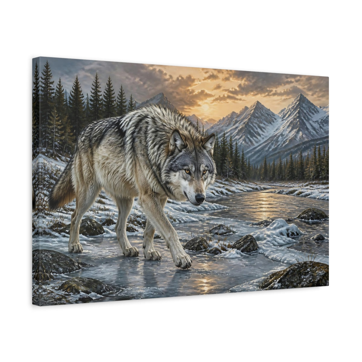 Side Mockup 3. Animals Majestic Gray Wolf shown as canvas print