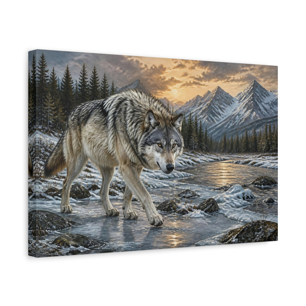 Side Mockup 4. Animals Majestic Gray Wolf shown as canvas print