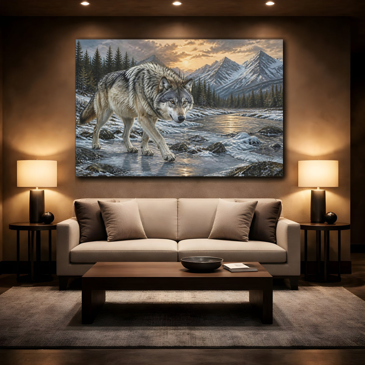 Mockup 2. Animals Majestic Gray Wolf shown as canvas print