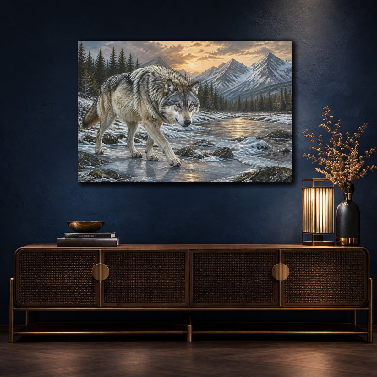 Mockup 4. Animals Majestic Gray Wolf shown as canvas print