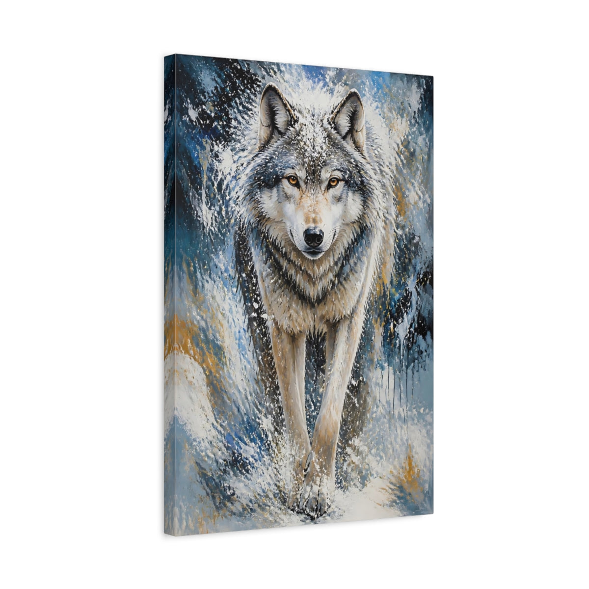 Side Mockup 3. Animals Majestic Snow Wolf Portrait shown as canvas print