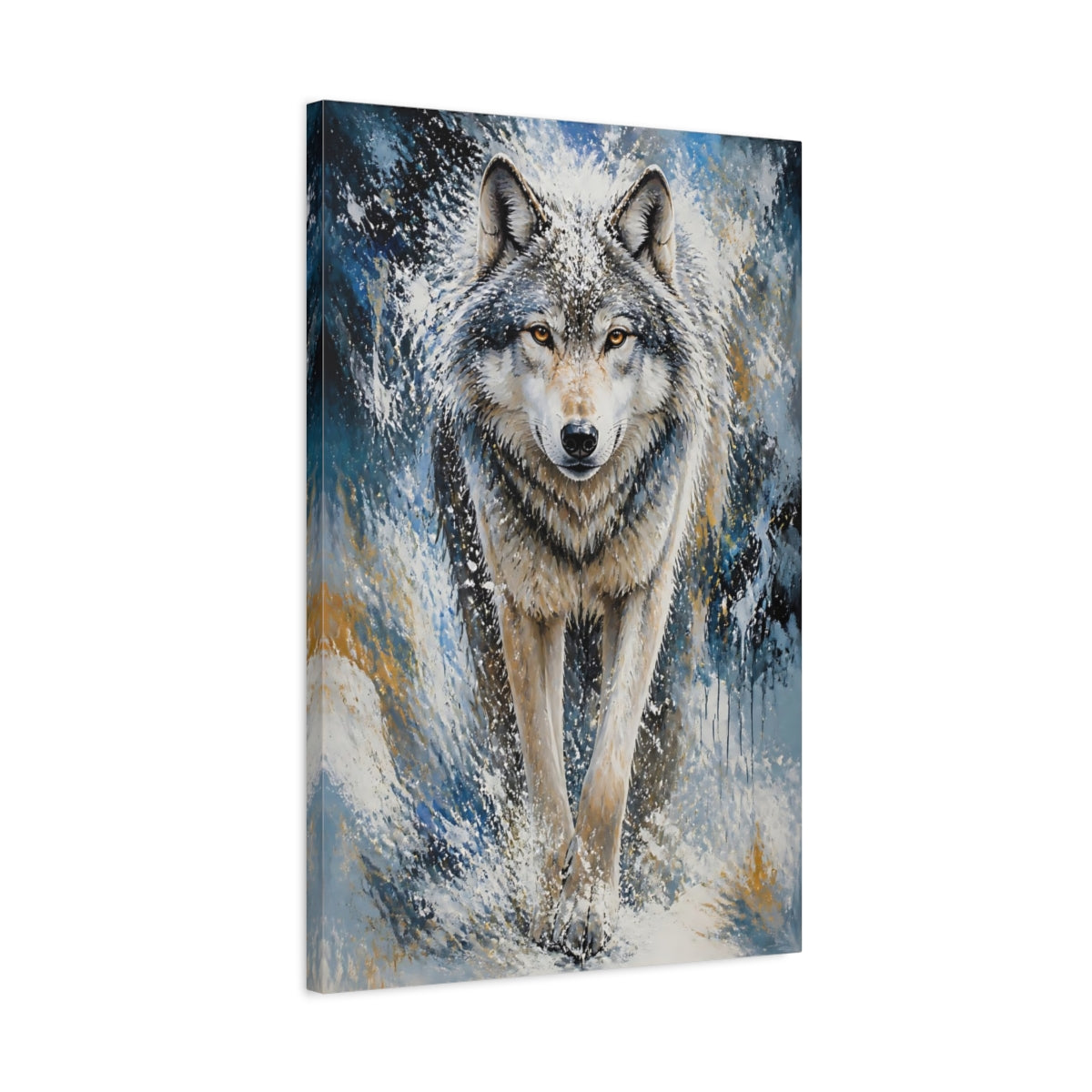 Side Mockup 2. Animals Majestic Snow Wolf Portrait shown as canvas print