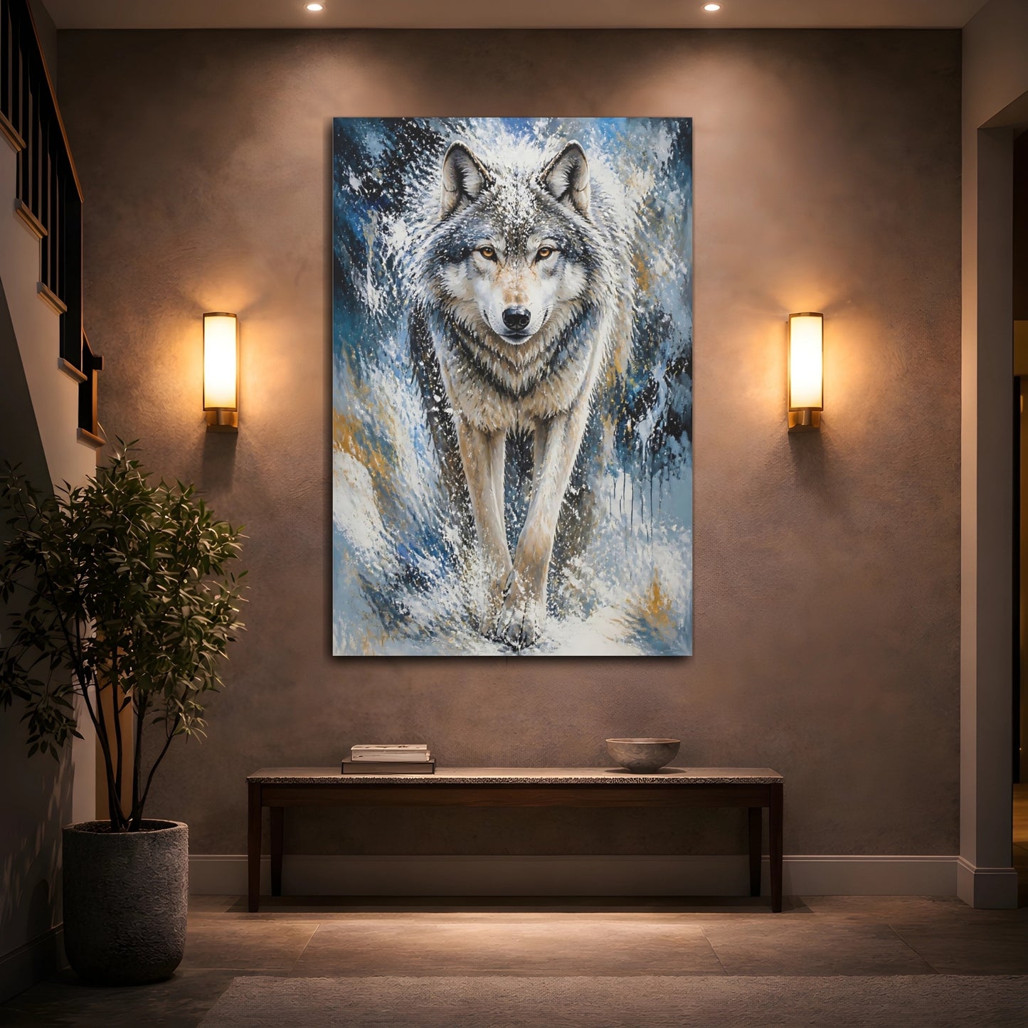Mockup 2. Animals Majestic Snow Wolf Portrait shown as canvas print