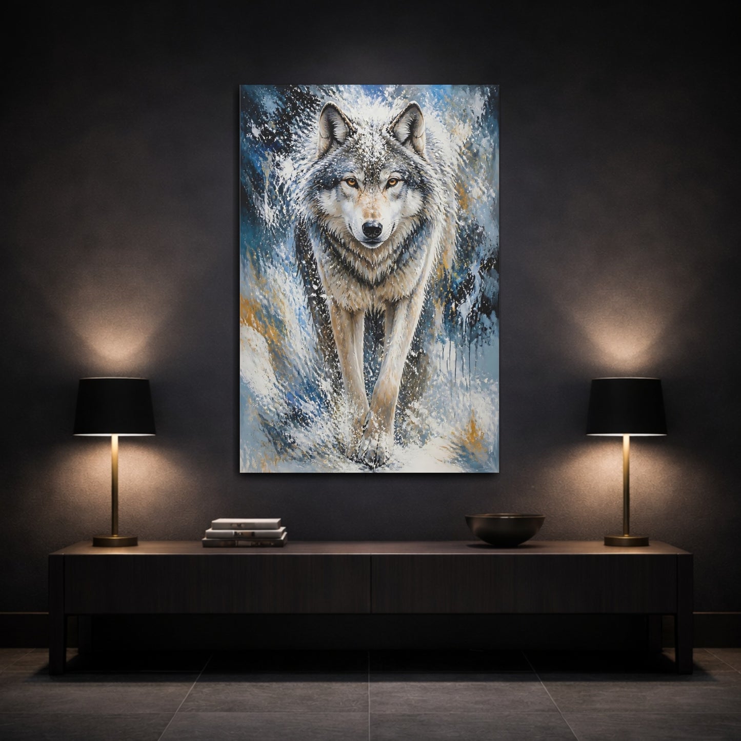 Mockup 3. Animals Majestic Snow Wolf Portrait shown as canvas print