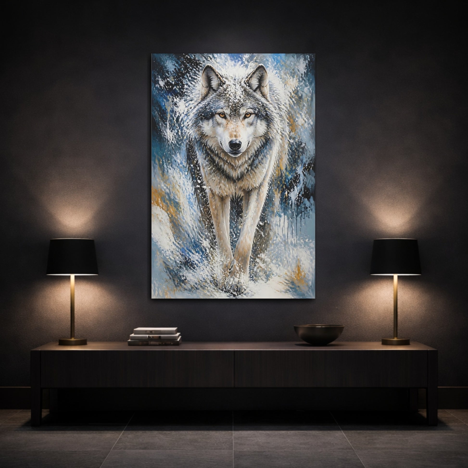 Mockup 3. Animals Majestic Snow Wolf Portrait shown as canvas print