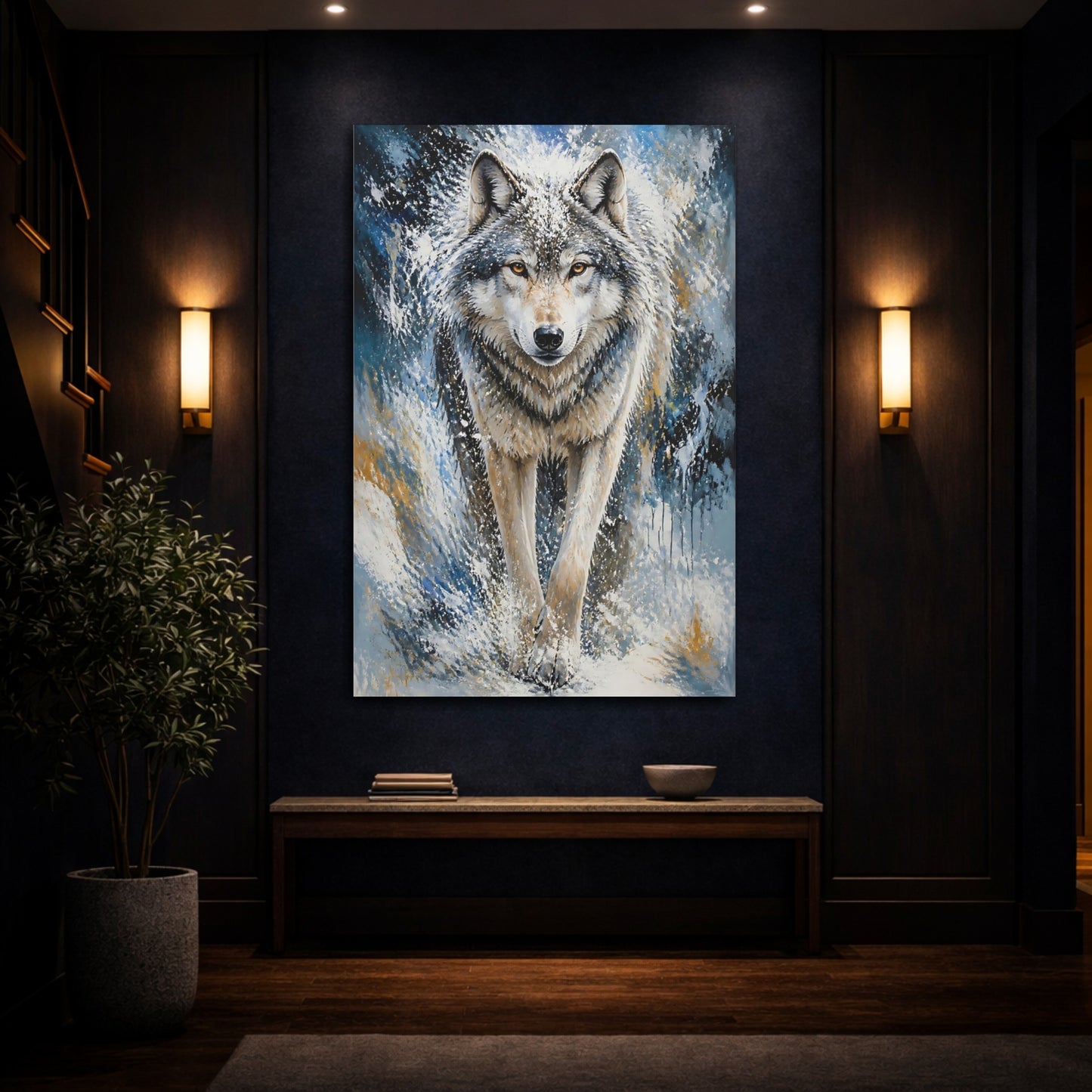 Mockup 4. Animals Majestic Snow Wolf Portrait shown as canvas print