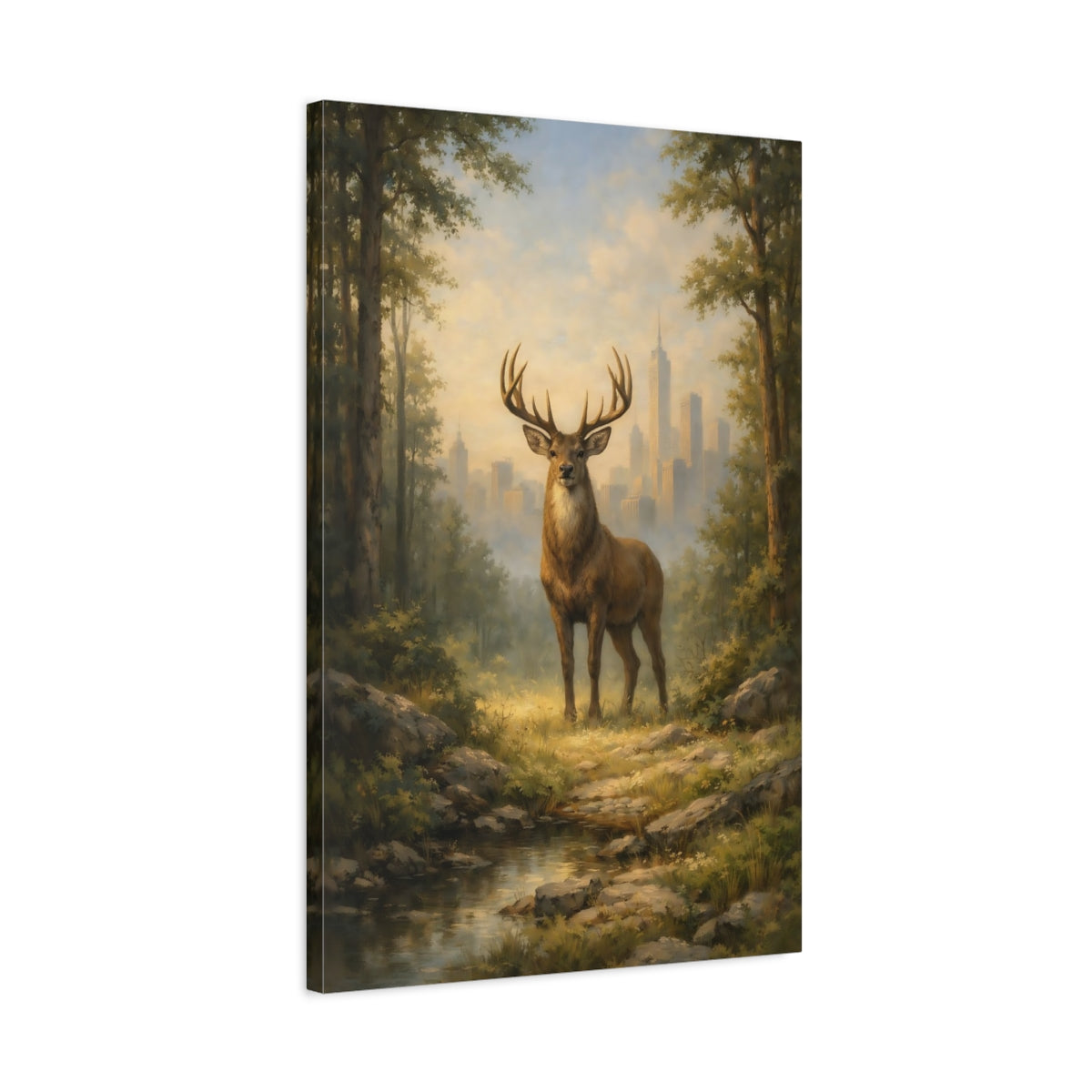 Side Mockup 2. Animals Majestic Stag Stag Landscape shown as stretched canvas wall art