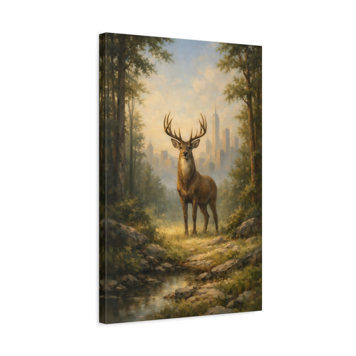 Side Mockup 3. Animals Majestic Stag Stag Landscape shown as stretched canvas wall art