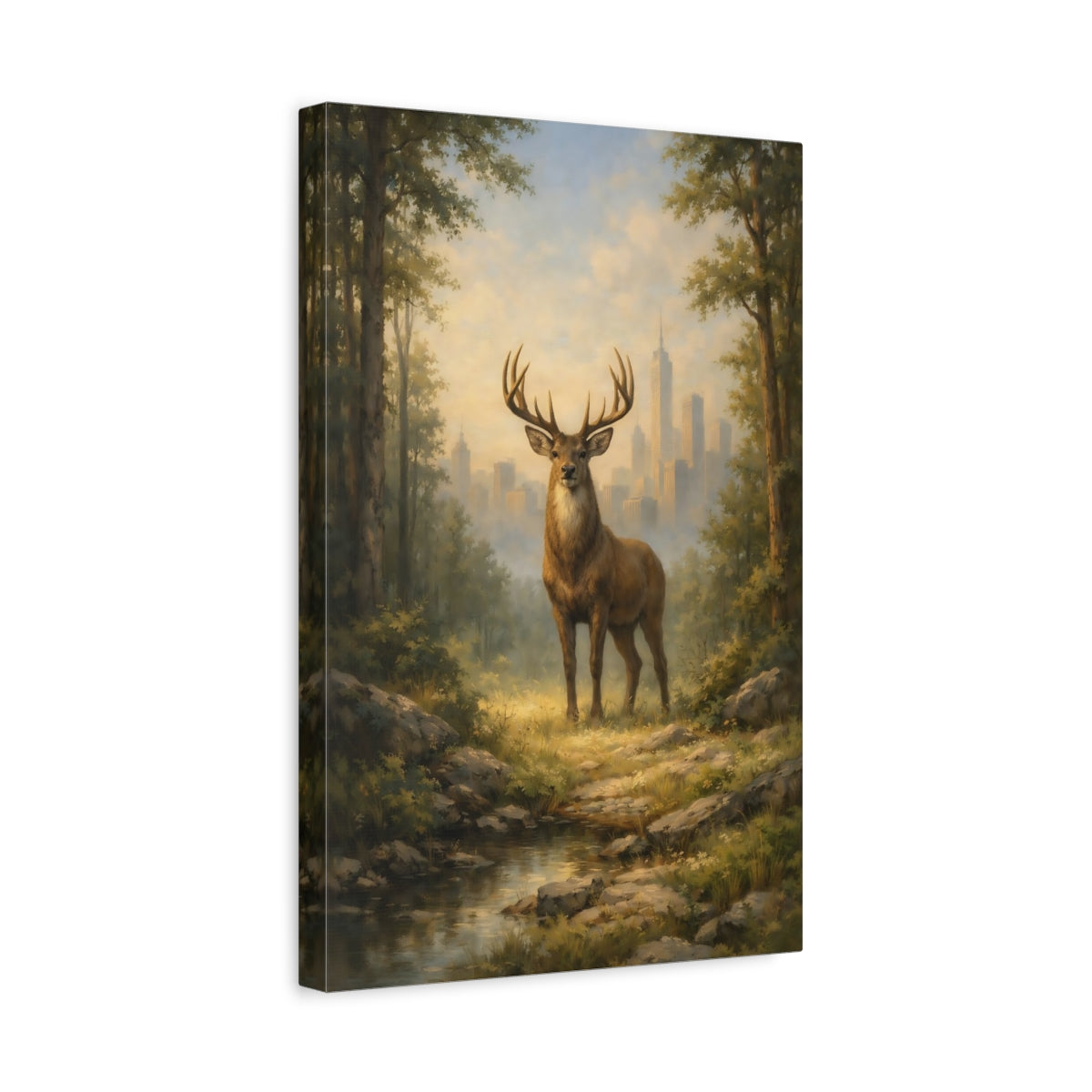 Side Mockup 4. Animals Majestic Stag Stag Landscape shown as stretched canvas wall art
