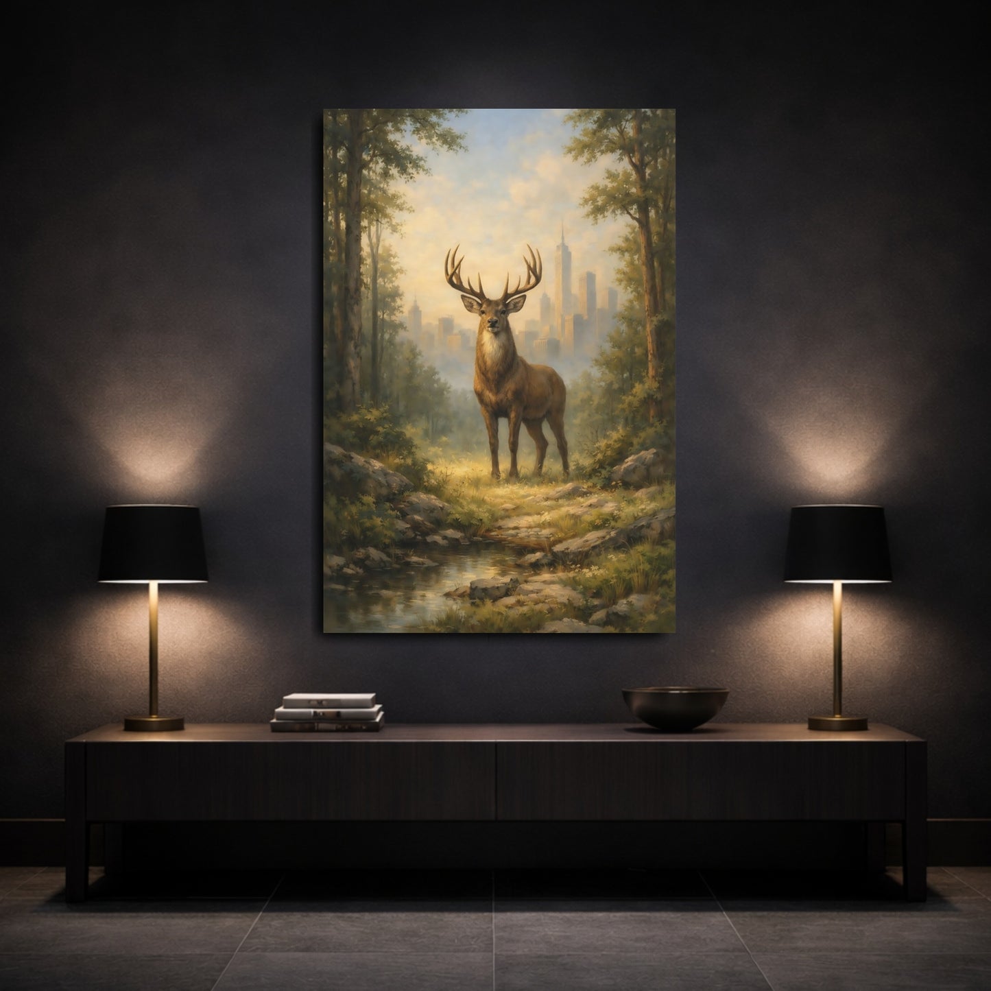Mockup 2. Animals Majestic Stag Stag Landscape shown as stretched canvas wall art