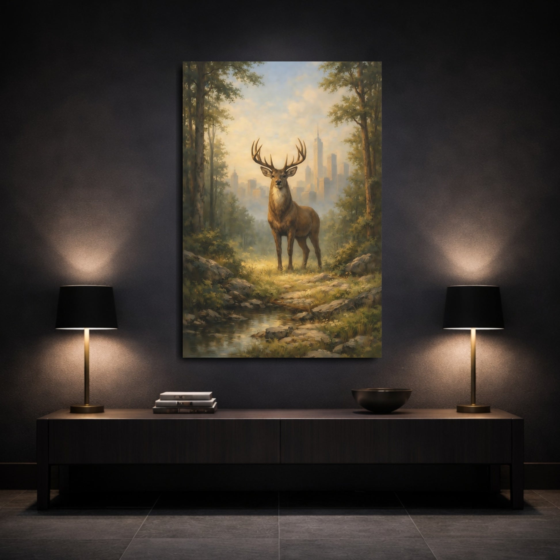 Mockup 2. Animals Majestic Stag Stag Landscape shown as stretched canvas wall art