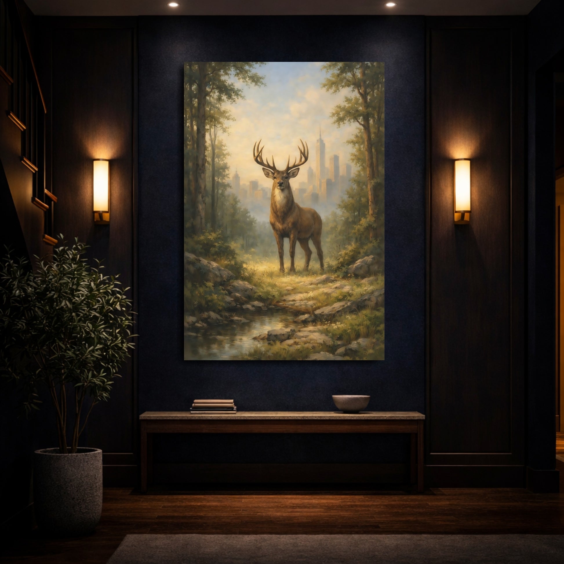 Mockup 3. Animals Majestic Stag Stag Landscape shown as stretched canvas wall art