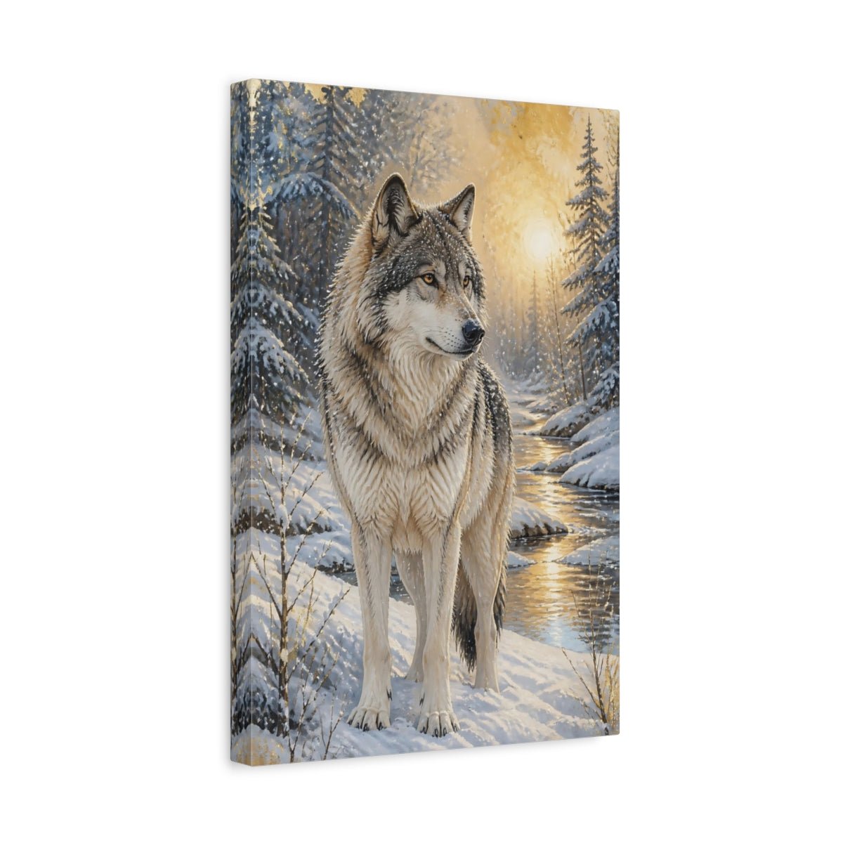 Animals Majestic Winter Wolf Canvas Print – Living Room, Above Couch, Golden-Gray - YesArtYes