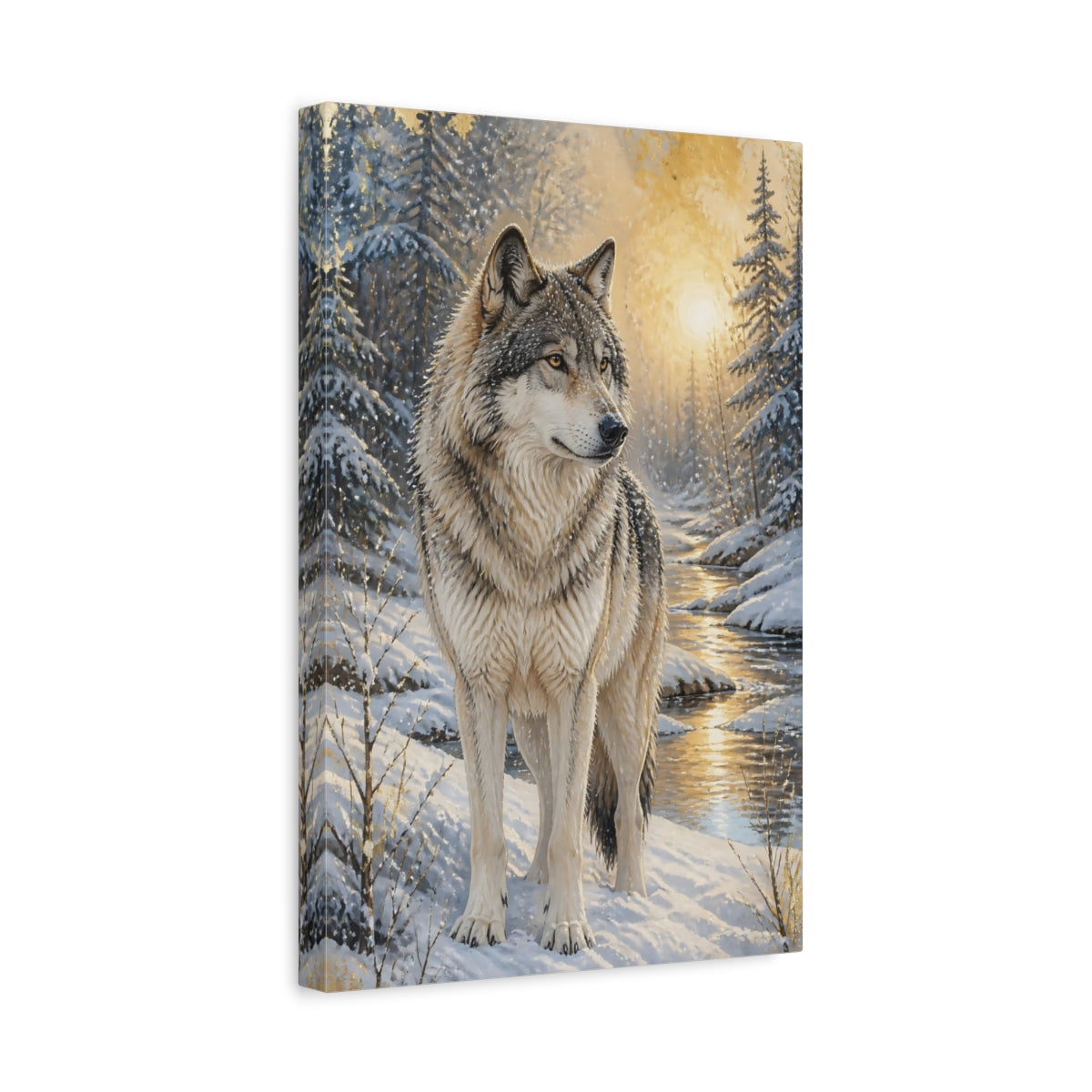 Side Mockup 4. Animals Majestic Winter Wolf shown as canvas print