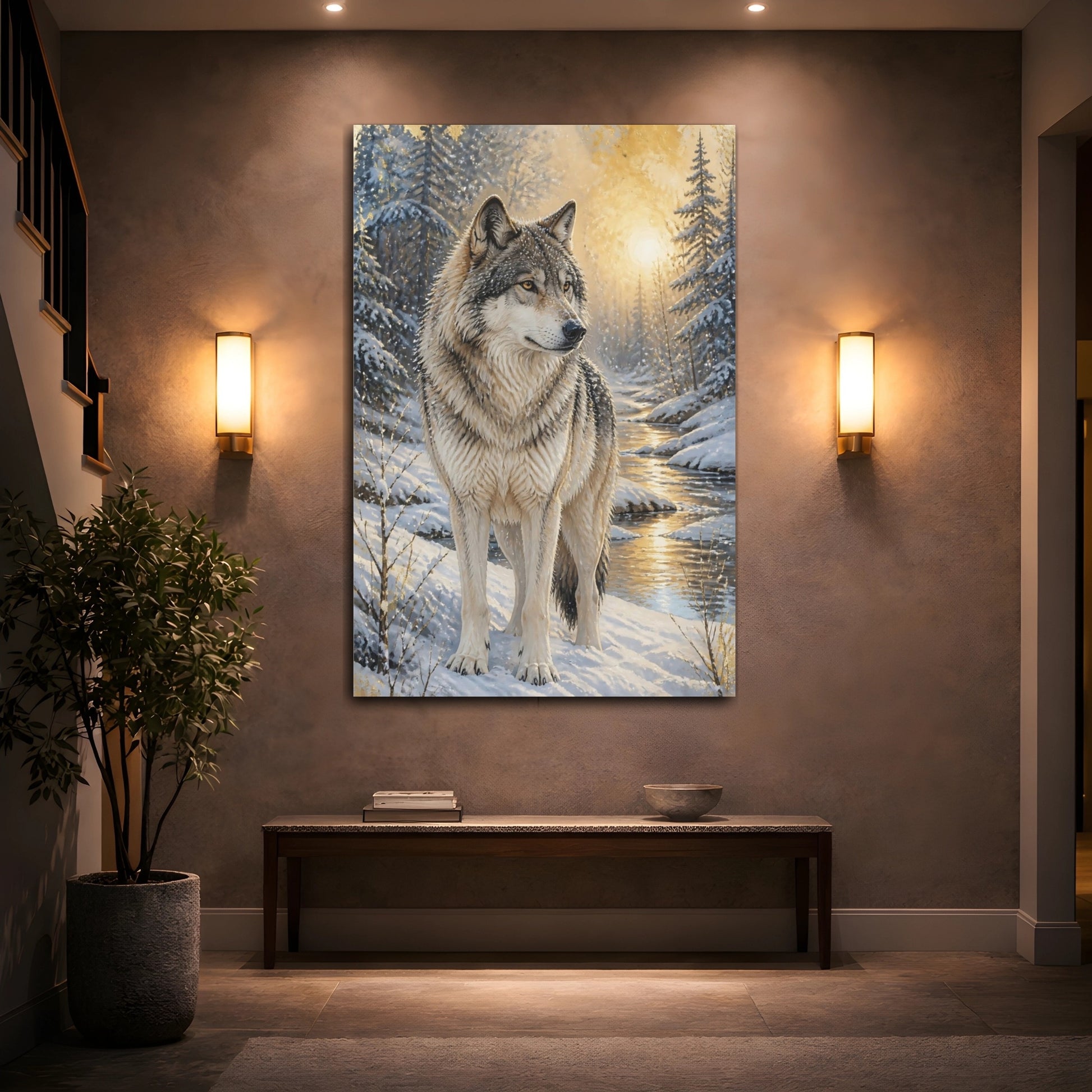 Mockup 2. Animals Majestic Winter Wolf shown as canvas print