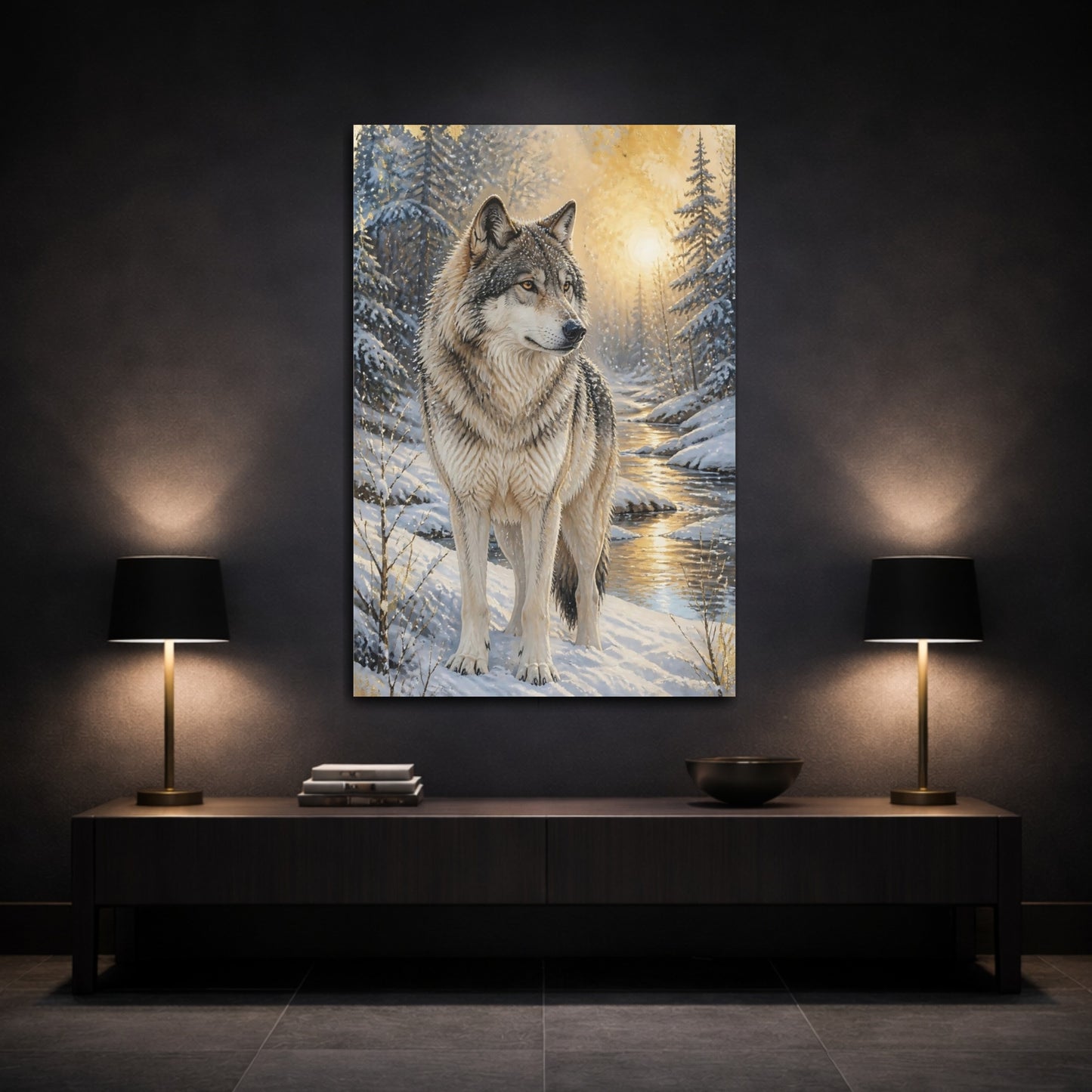 Mockup 3. Animals Majestic Winter Wolf shown as canvas print