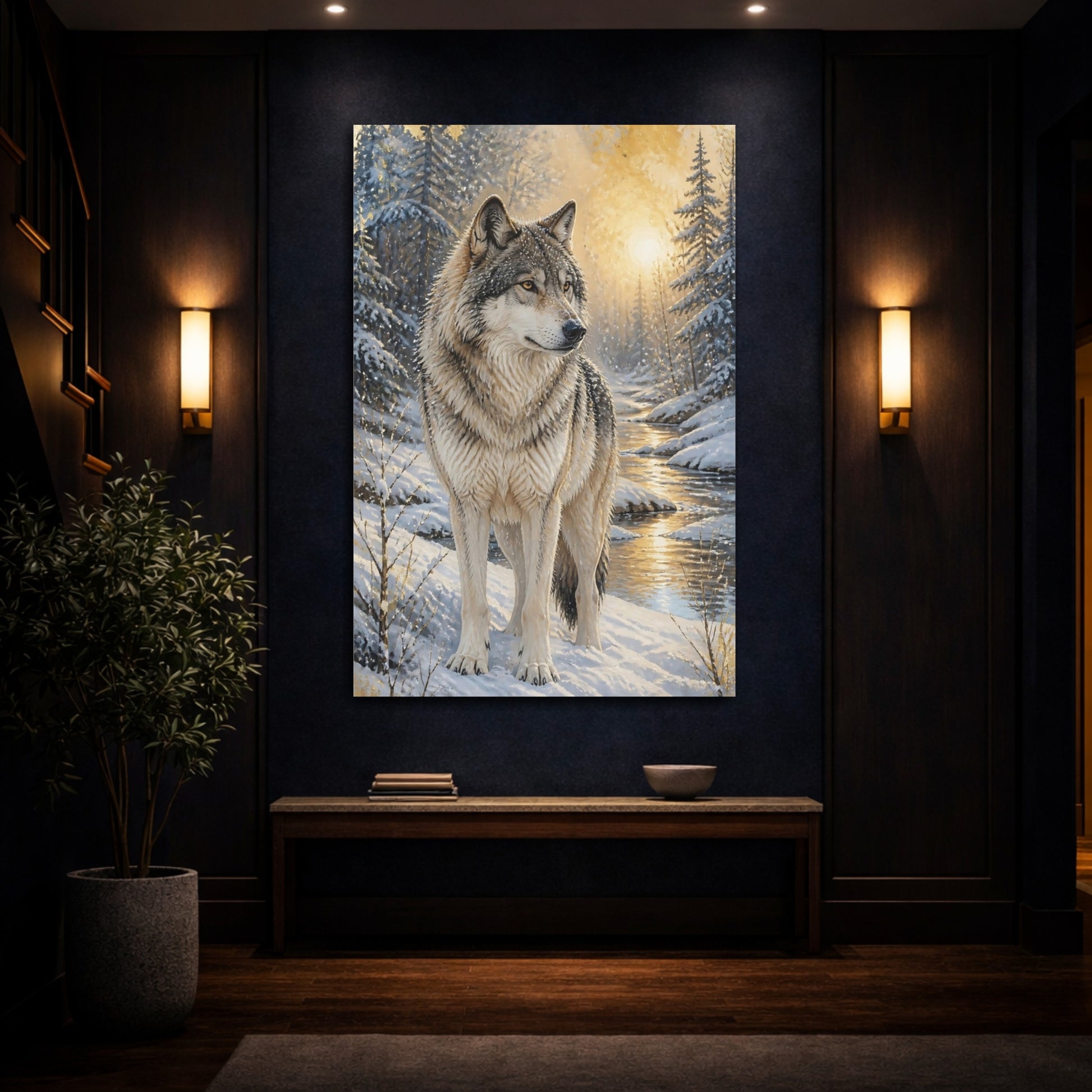 Mockup 4. Animals Majestic Winter Wolf shown as canvas print