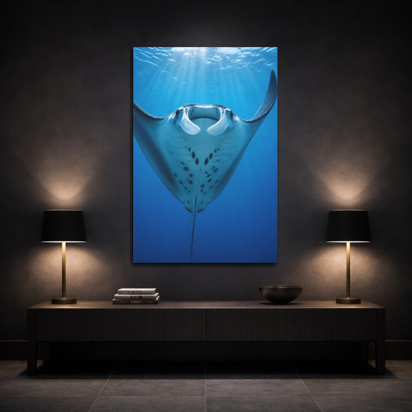 Mockup 3. Animals Manta Ray Rising shown as canvas print