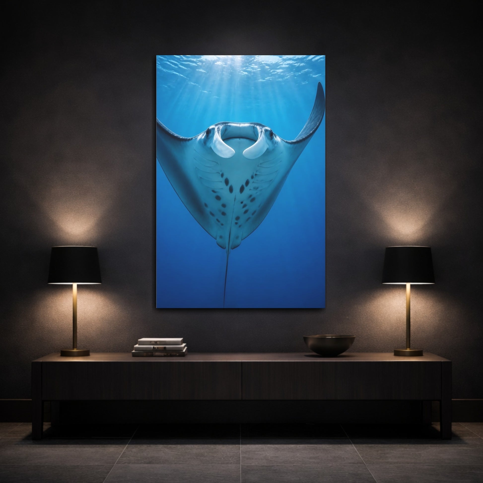 Mockup 3. Animals Manta Ray Rising shown as canvas print