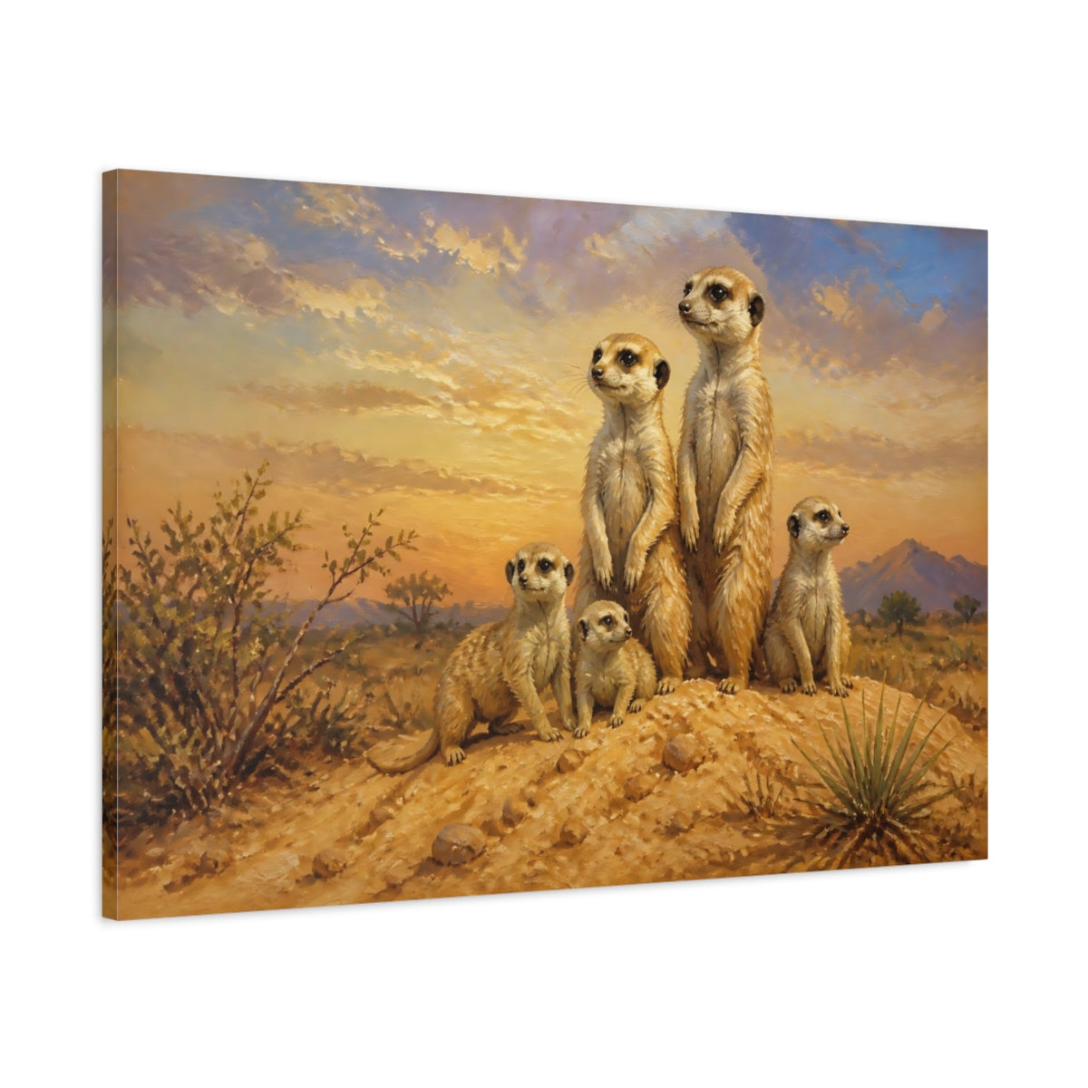 Main Mockup. Animals Meerkat Family At Sunset shown as canvas print