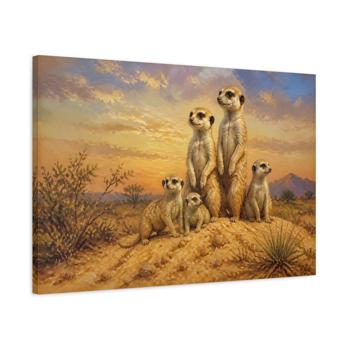 Side Mockup 2. Animals Meerkat Family At Sunset shown as canvas print