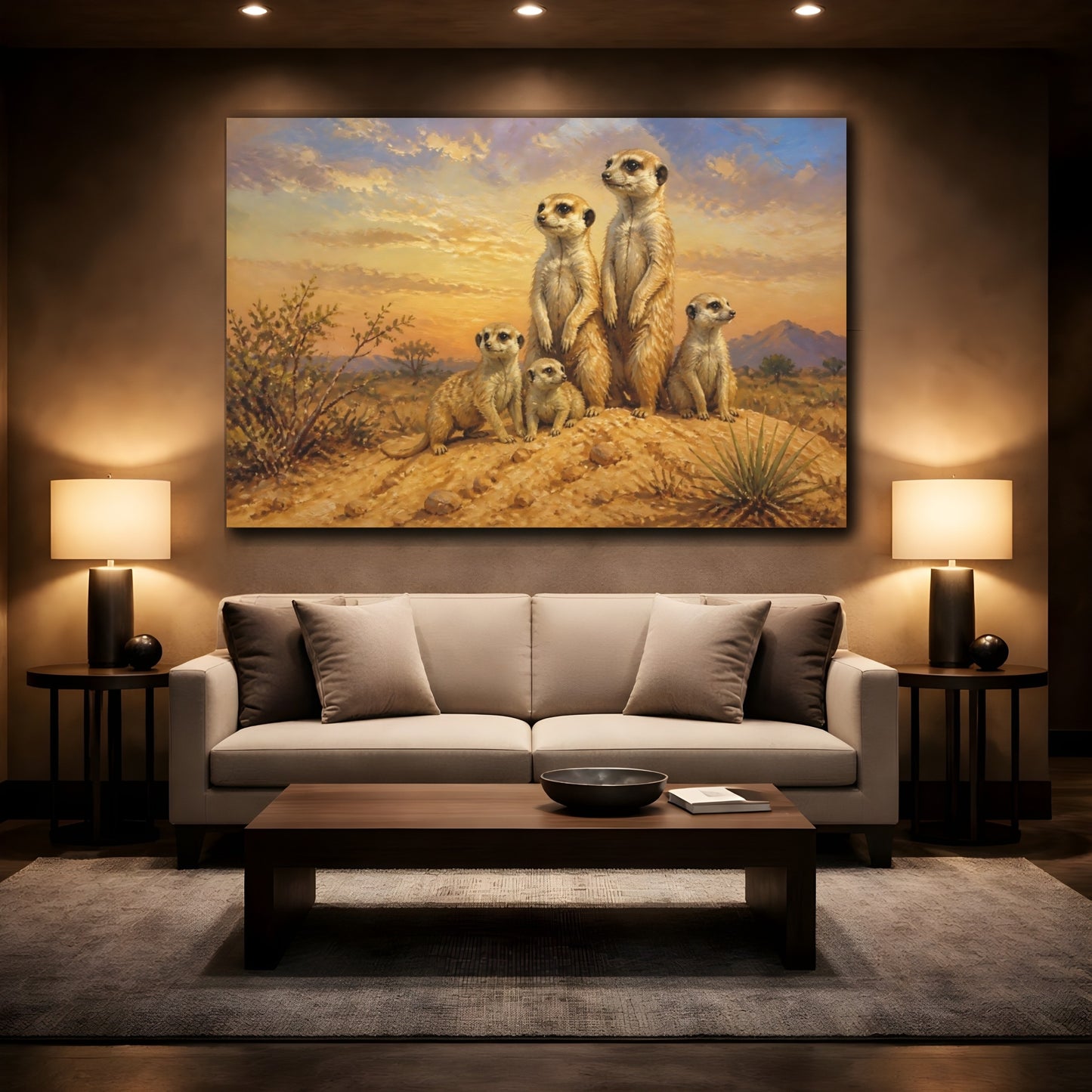 Mockup 2. Animals Meerkat Family At Sunset shown as canvas print