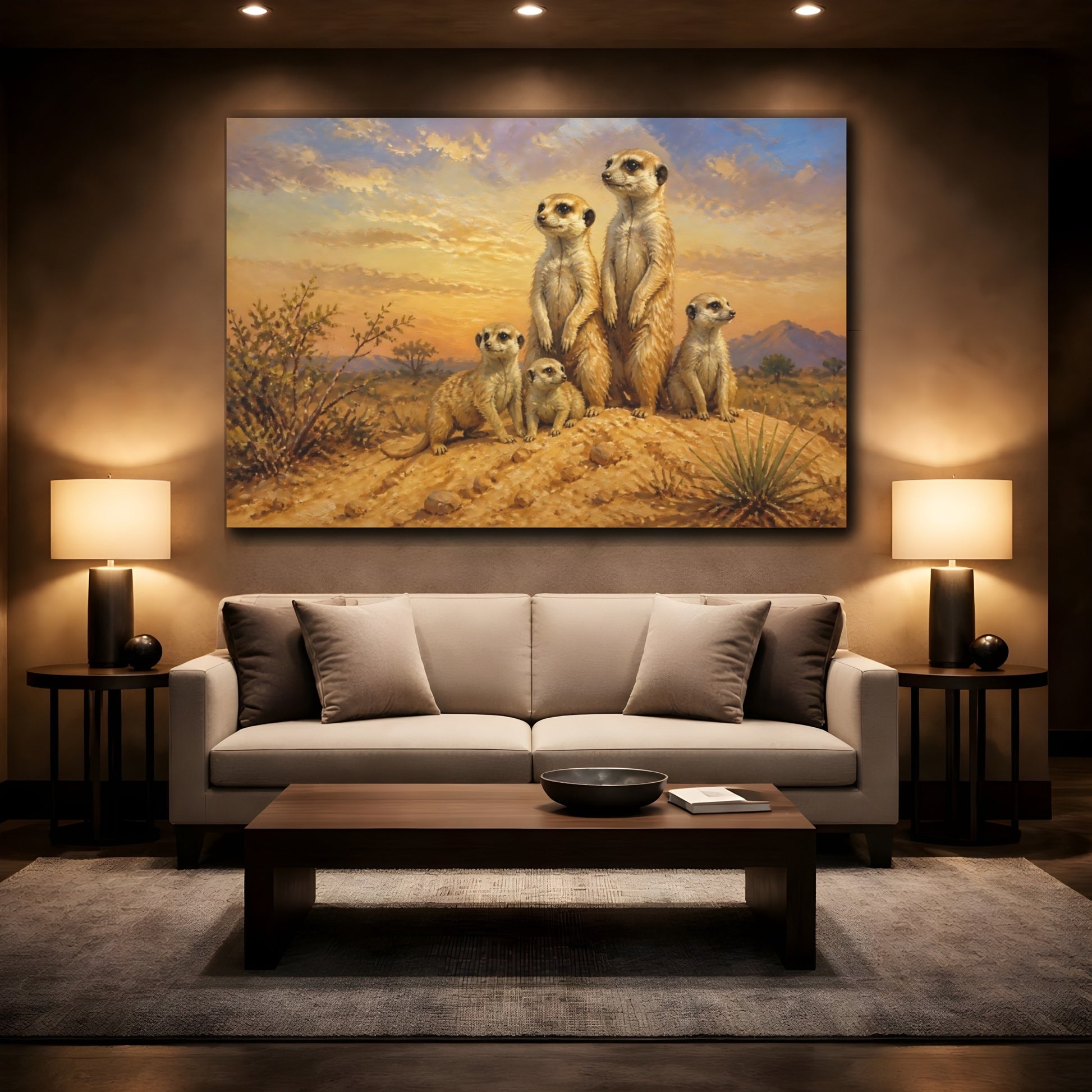 Mockup 2. Animals Meerkat Family At Sunset shown as canvas print