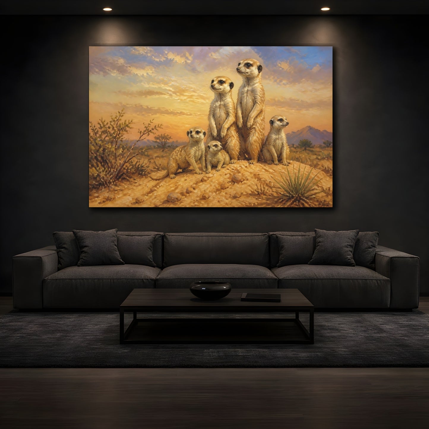 Mockup 3. Animals Meerkat Family At Sunset shown as canvas print