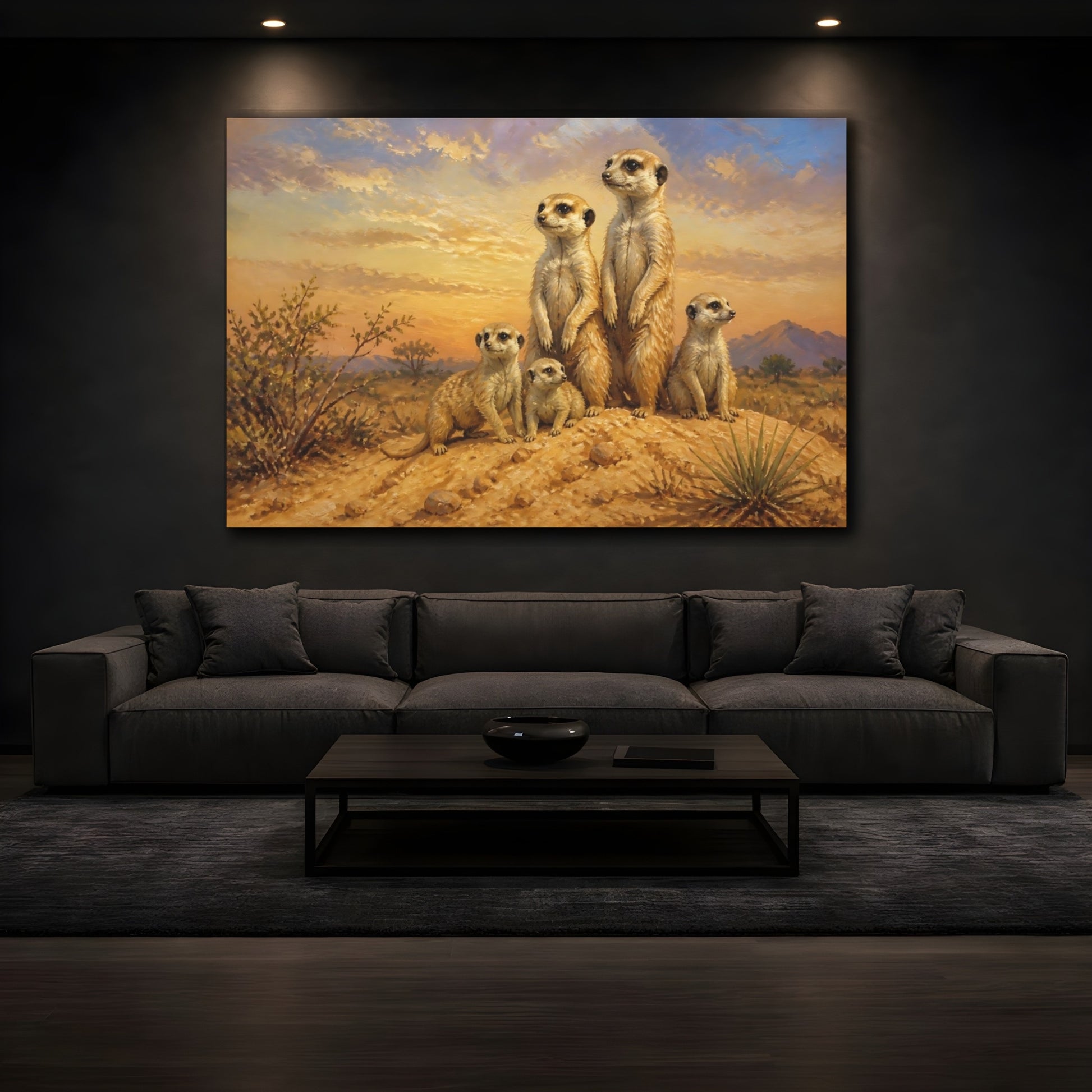 Mockup 3. Animals Meerkat Family At Sunset shown as canvas print