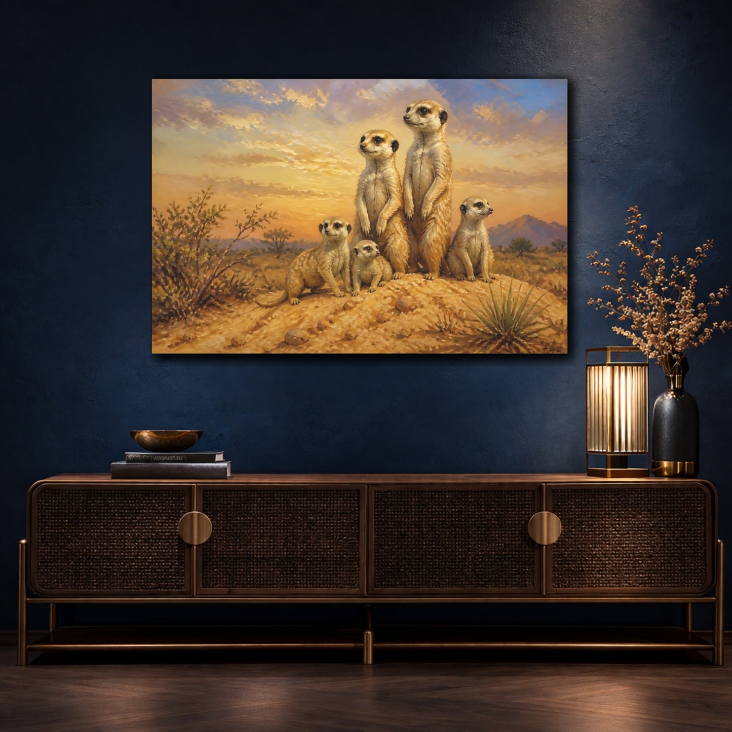 Mockup 4. Animals Meerkat Family At Sunset shown as canvas print