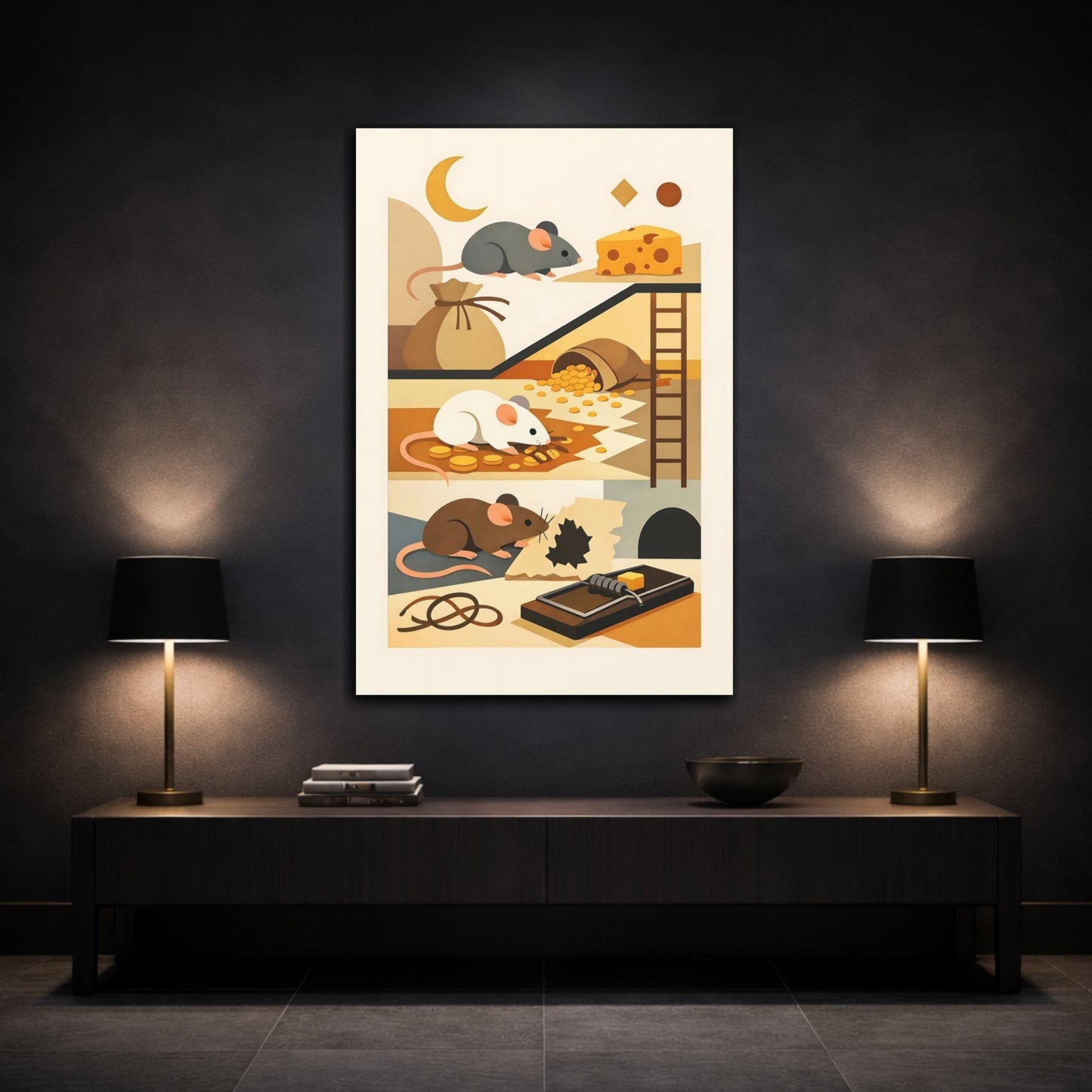 Mockup 2. Animals Mice Mice And Cheese shown as stretched canvas wall art