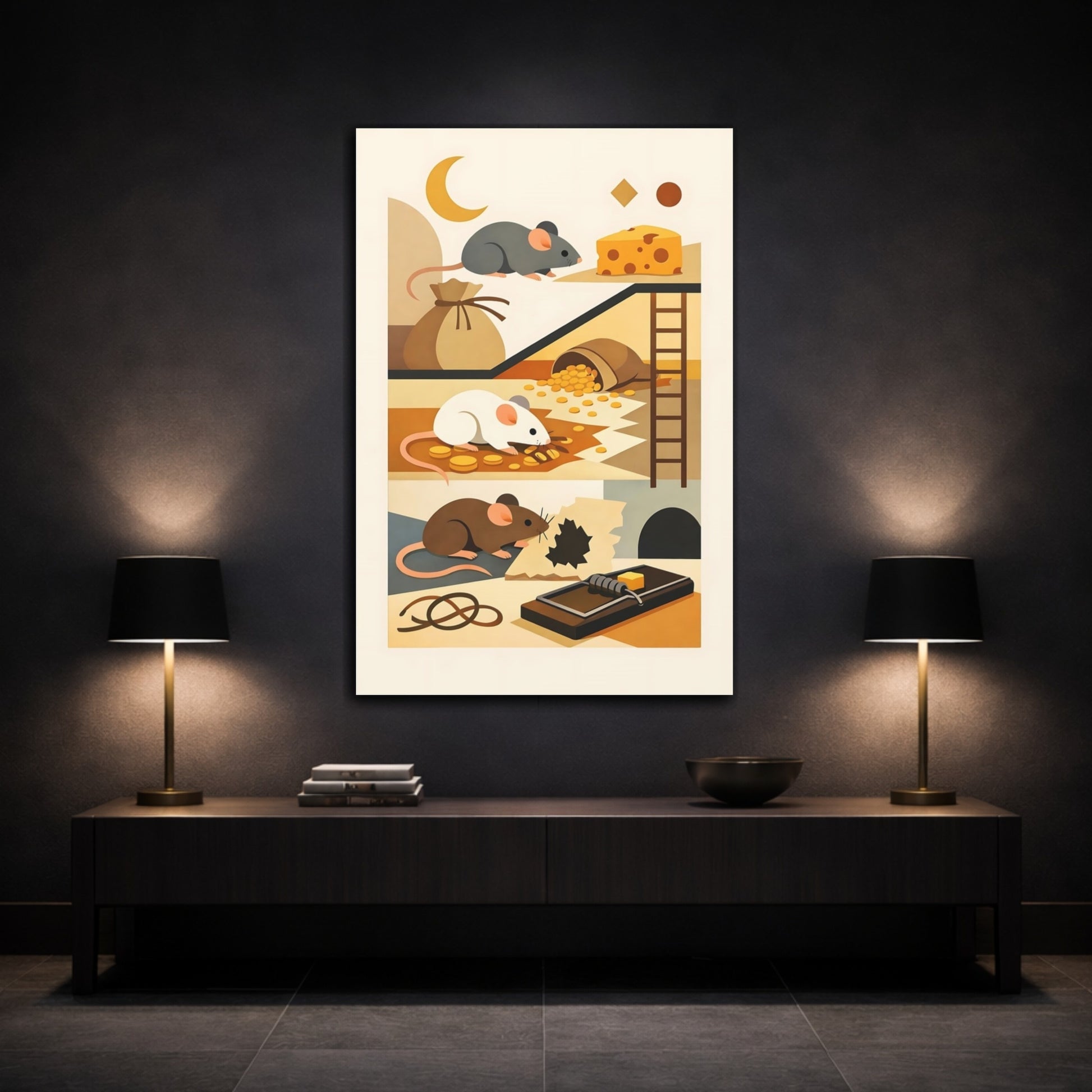 Mockup 2. Animals Mice Mice And Cheese shown as stretched canvas wall art