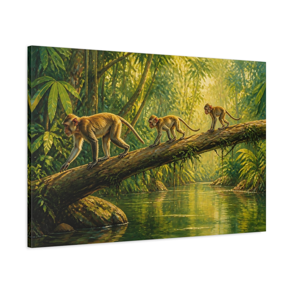 Main Mockup. Animals Monkeys Crossing Fallen Log shown as canvas print