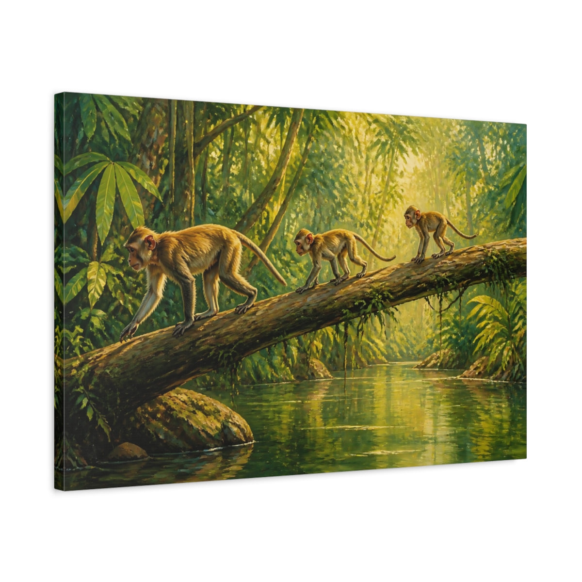 Side Mockup 2. Animals Monkeys Crossing Fallen Log shown as canvas print
