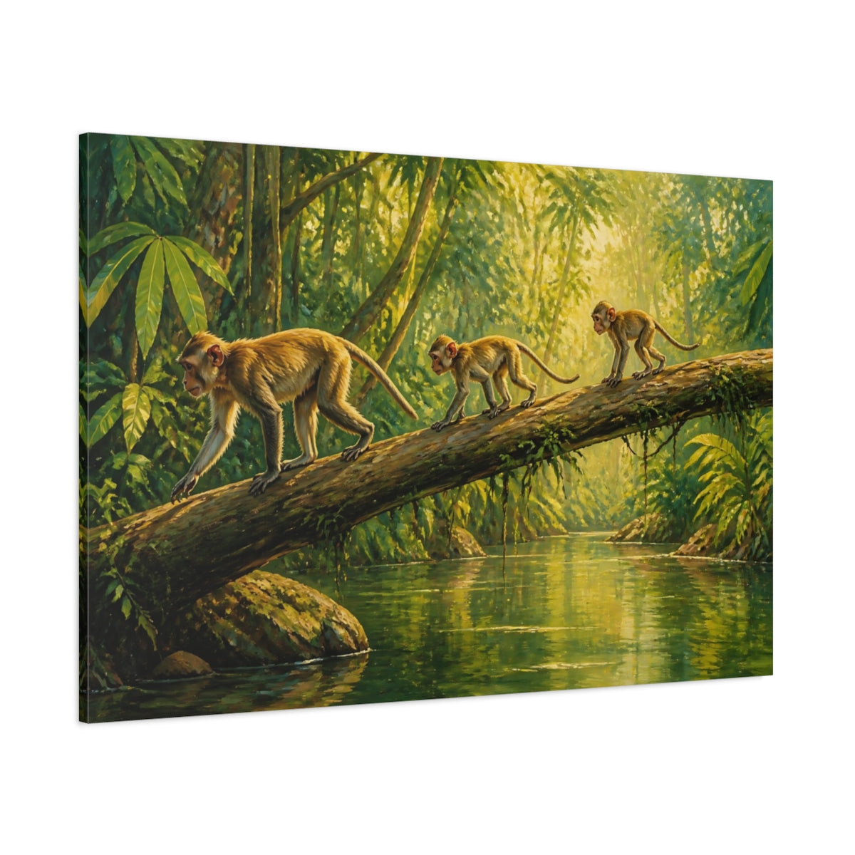 Side Mockup 1. Animals Monkeys Crossing Fallen Log shown as canvas print