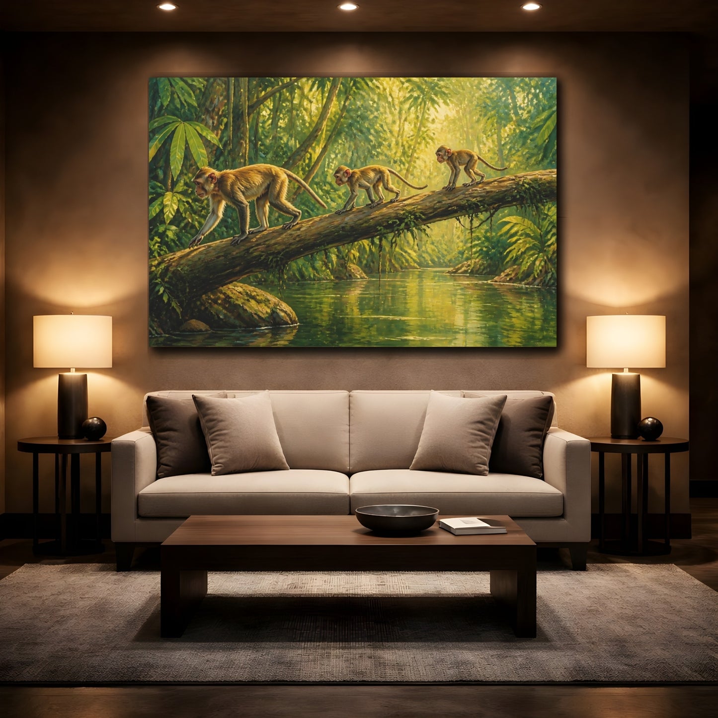 Mockup 2. Animals Monkeys Crossing Fallen Log shown as canvas print