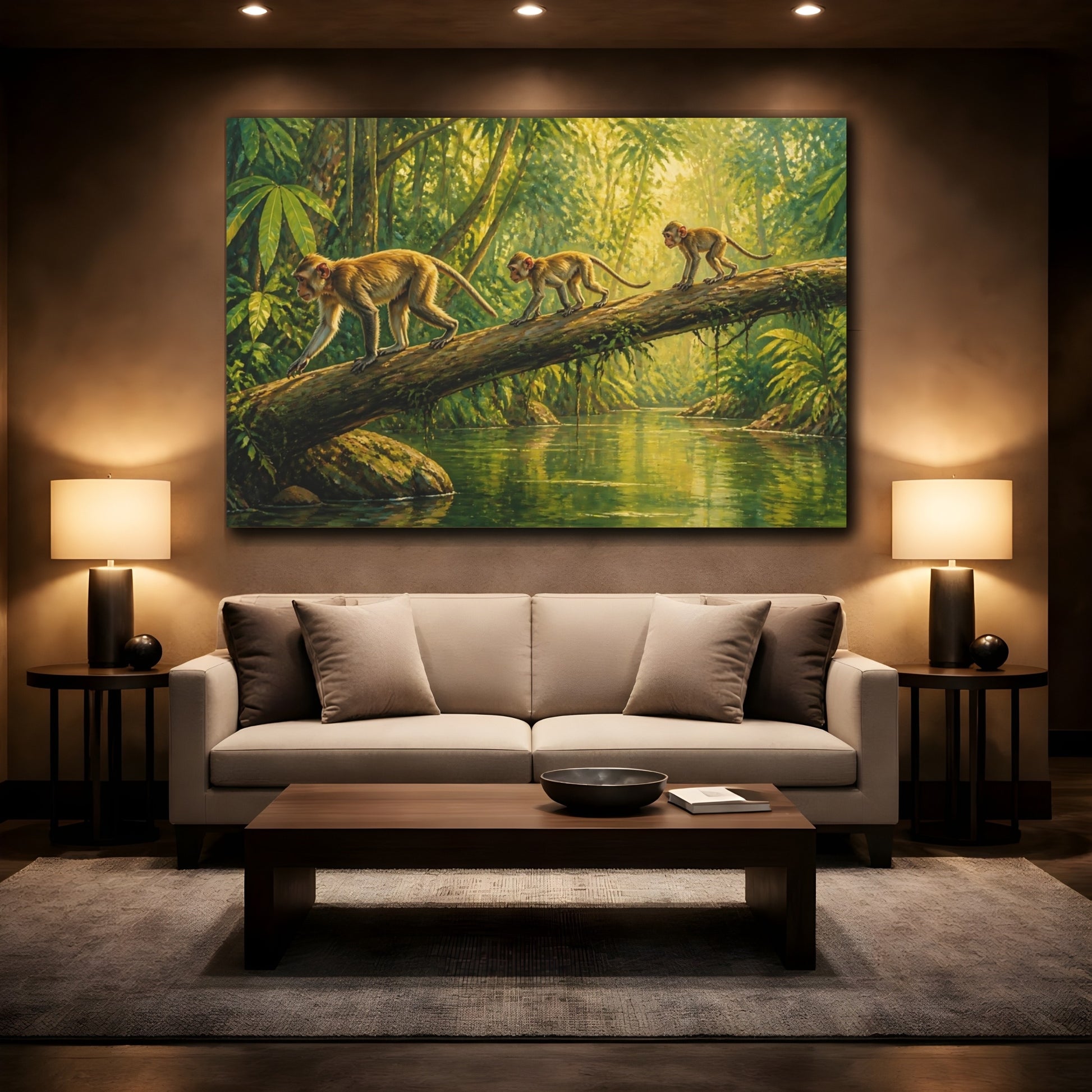Mockup 2. Animals Monkeys Crossing Fallen Log shown as canvas print