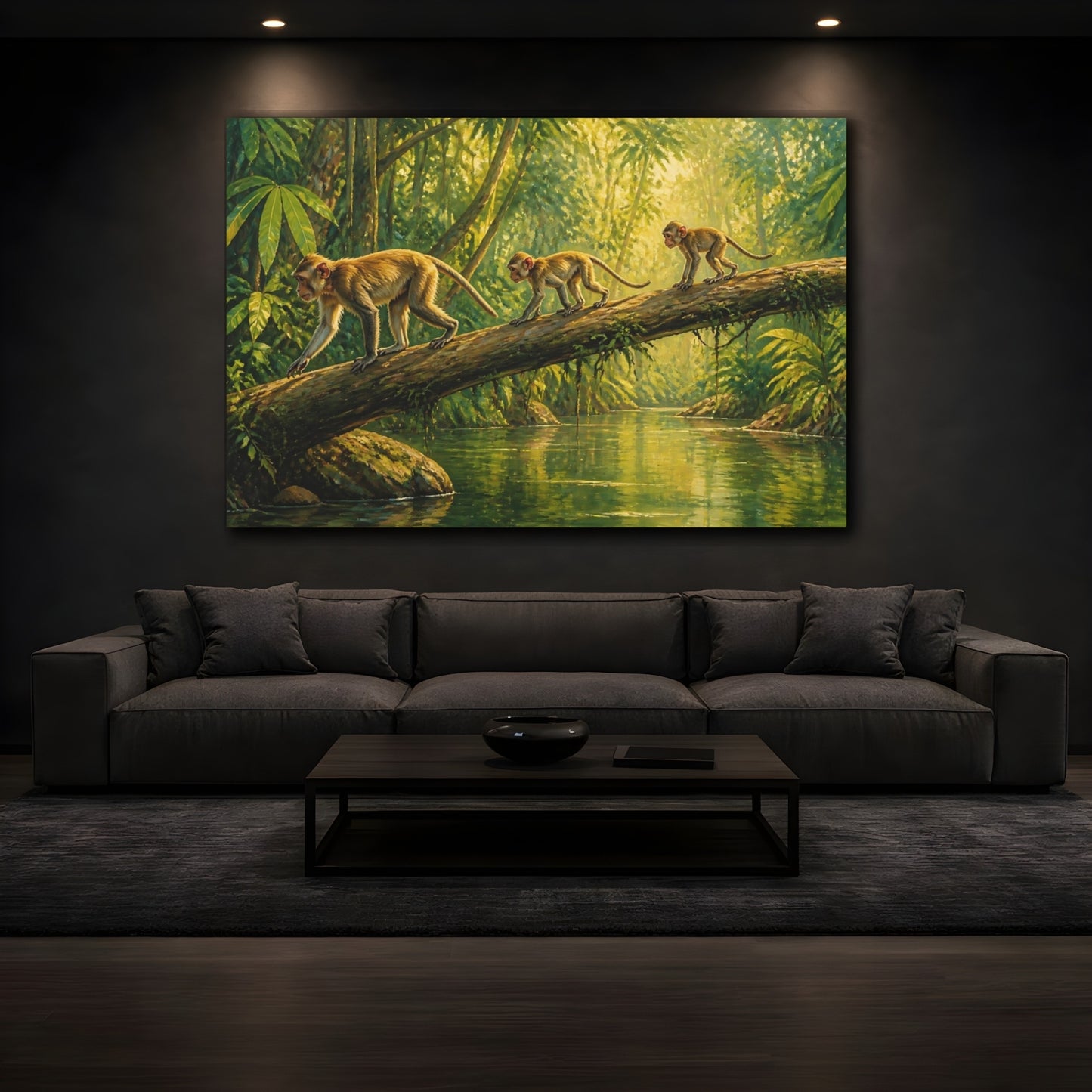 Mockup 3. Animals Monkeys Crossing Fallen Log shown as canvas print