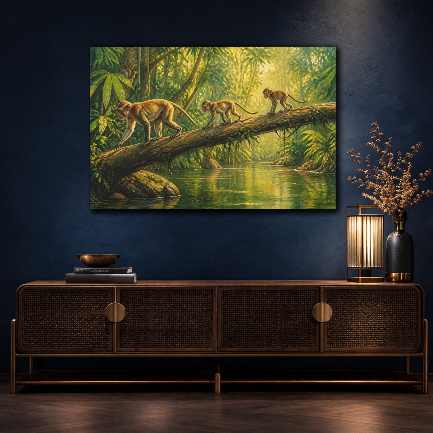 Mockup 4. Animals Monkeys Crossing Fallen Log shown as canvas print