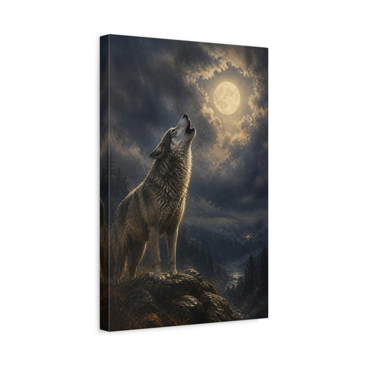 Side Mockup 4. Animals Moonlit Howling Wolf shown as canvas print