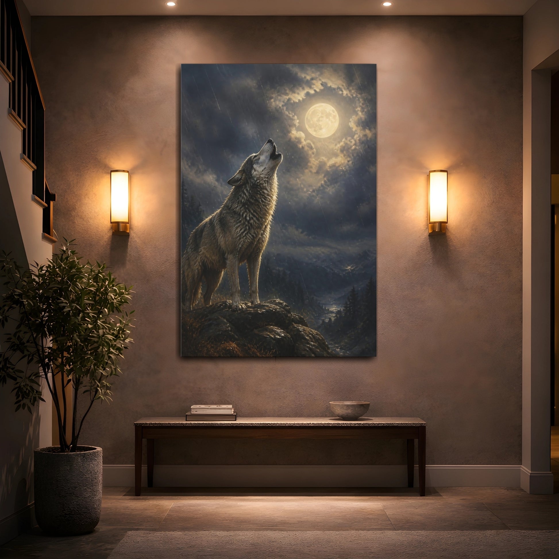 Mockup 2. Animals Moonlit Howling Wolf shown as canvas print