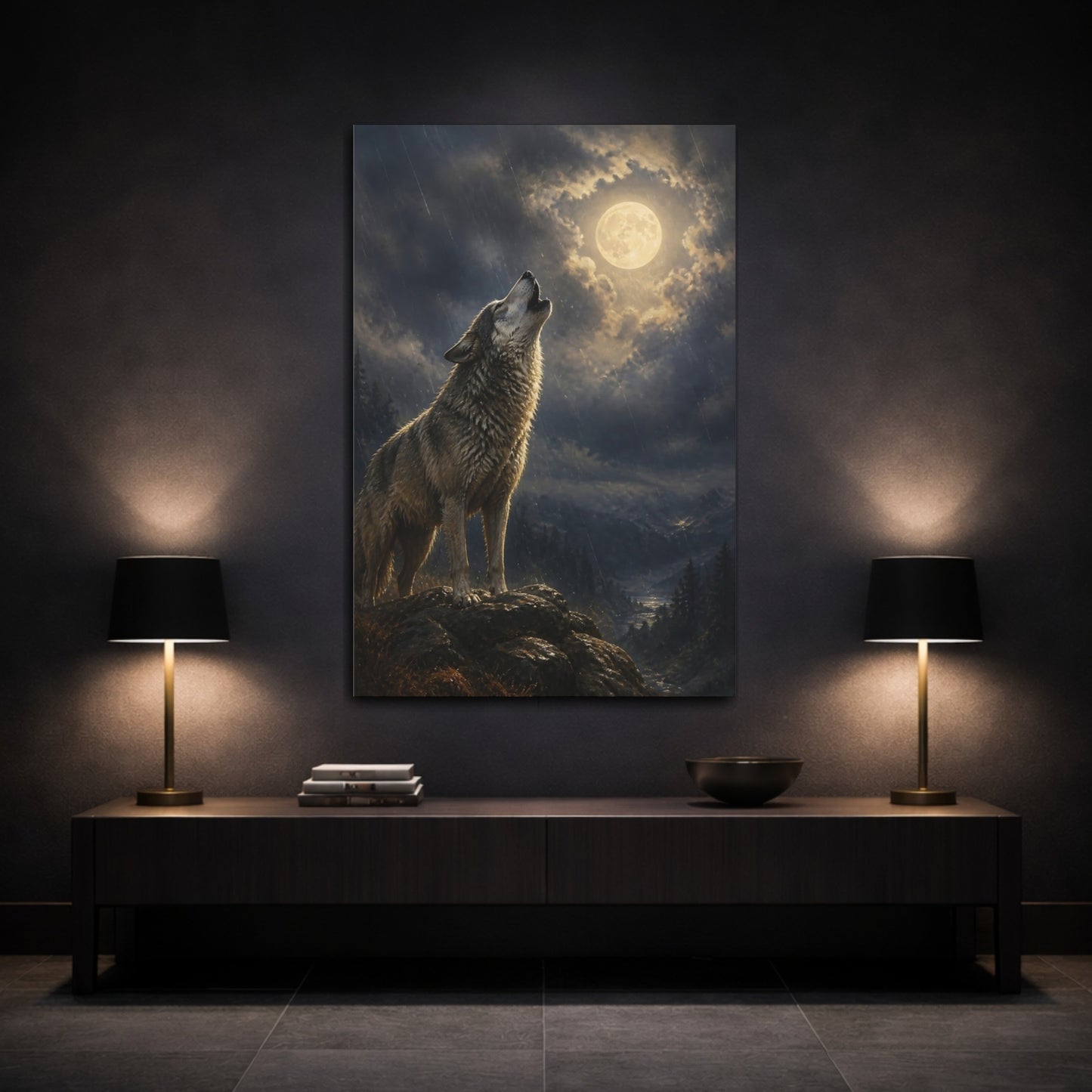 Mockup 3. Animals Moonlit Howling Wolf shown as canvas print