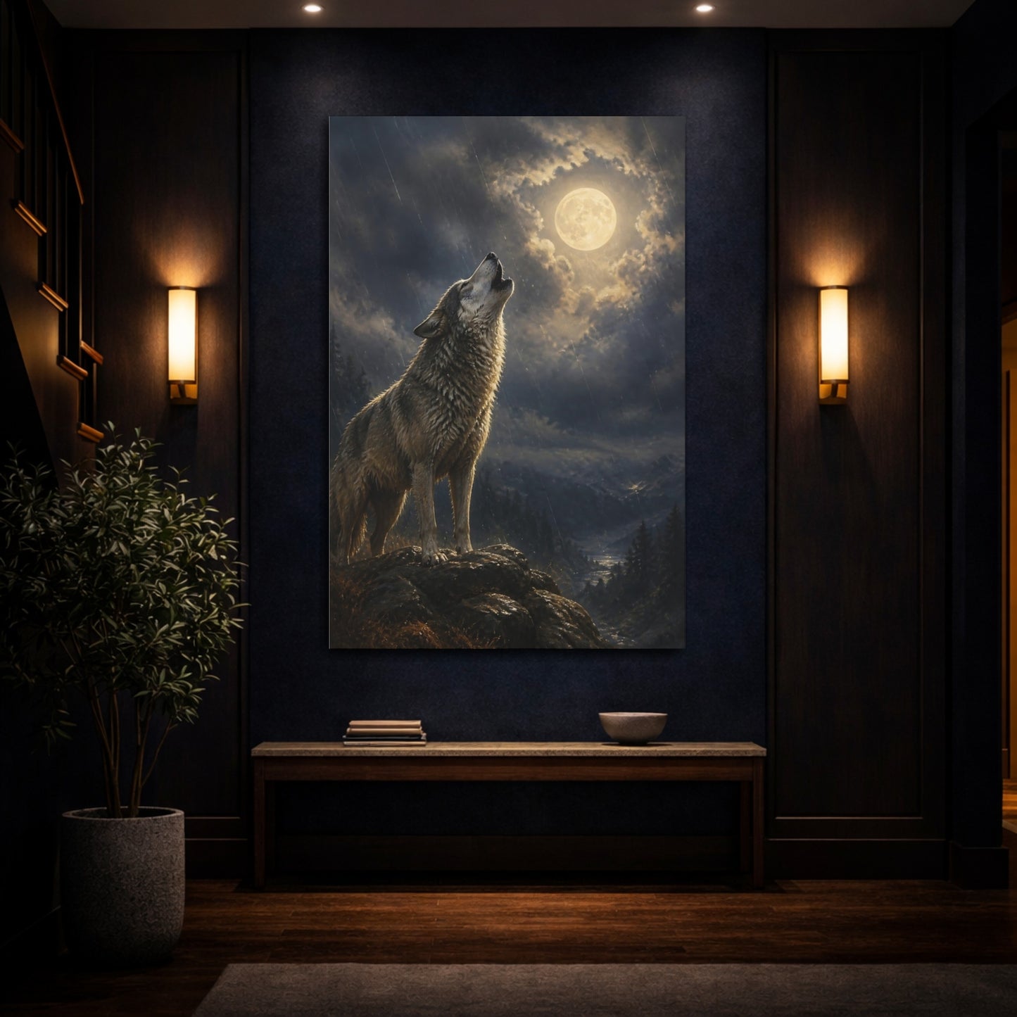 Mockup 4. Animals Moonlit Howling Wolf shown as canvas print